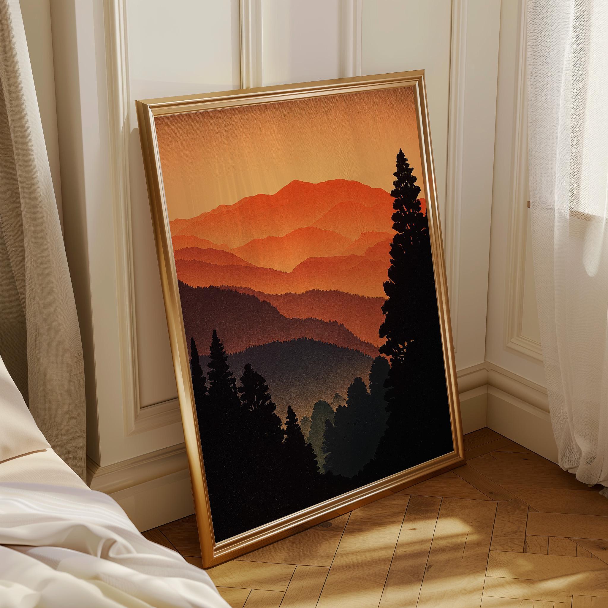 Sunset Japanese Mountain Warm Orange Landscape Forest Wall Art by The Wall Art Studio