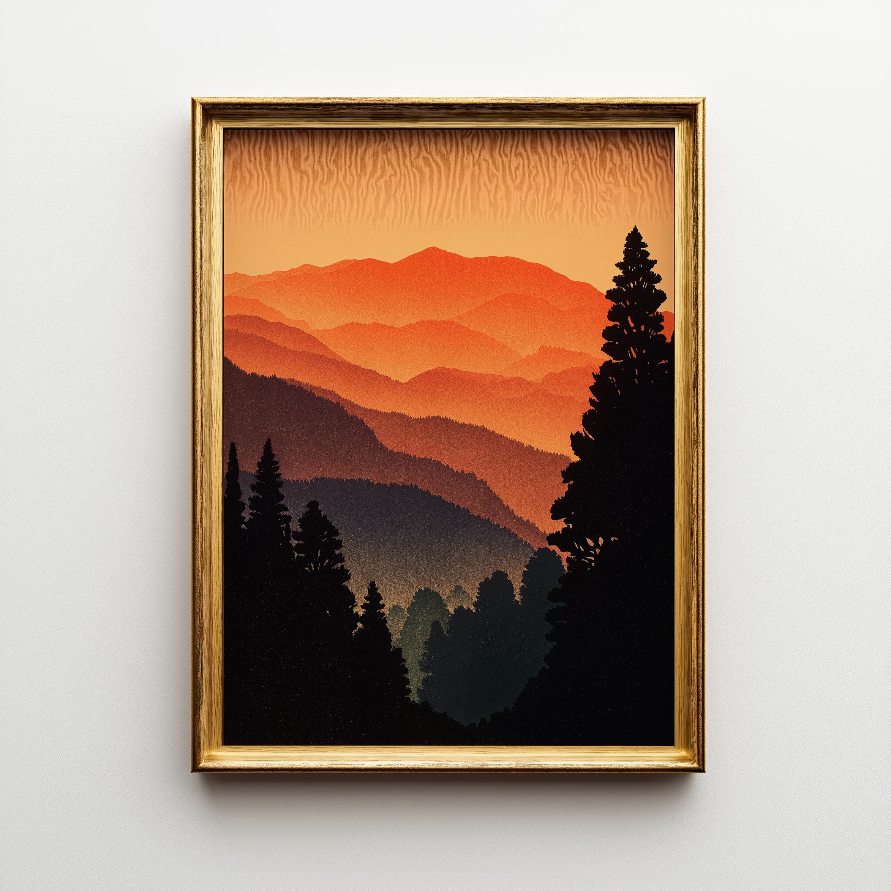 Sunset Japanese Mountain Warm Orange Landscape Forest Wall Art by The Wall Art Studio