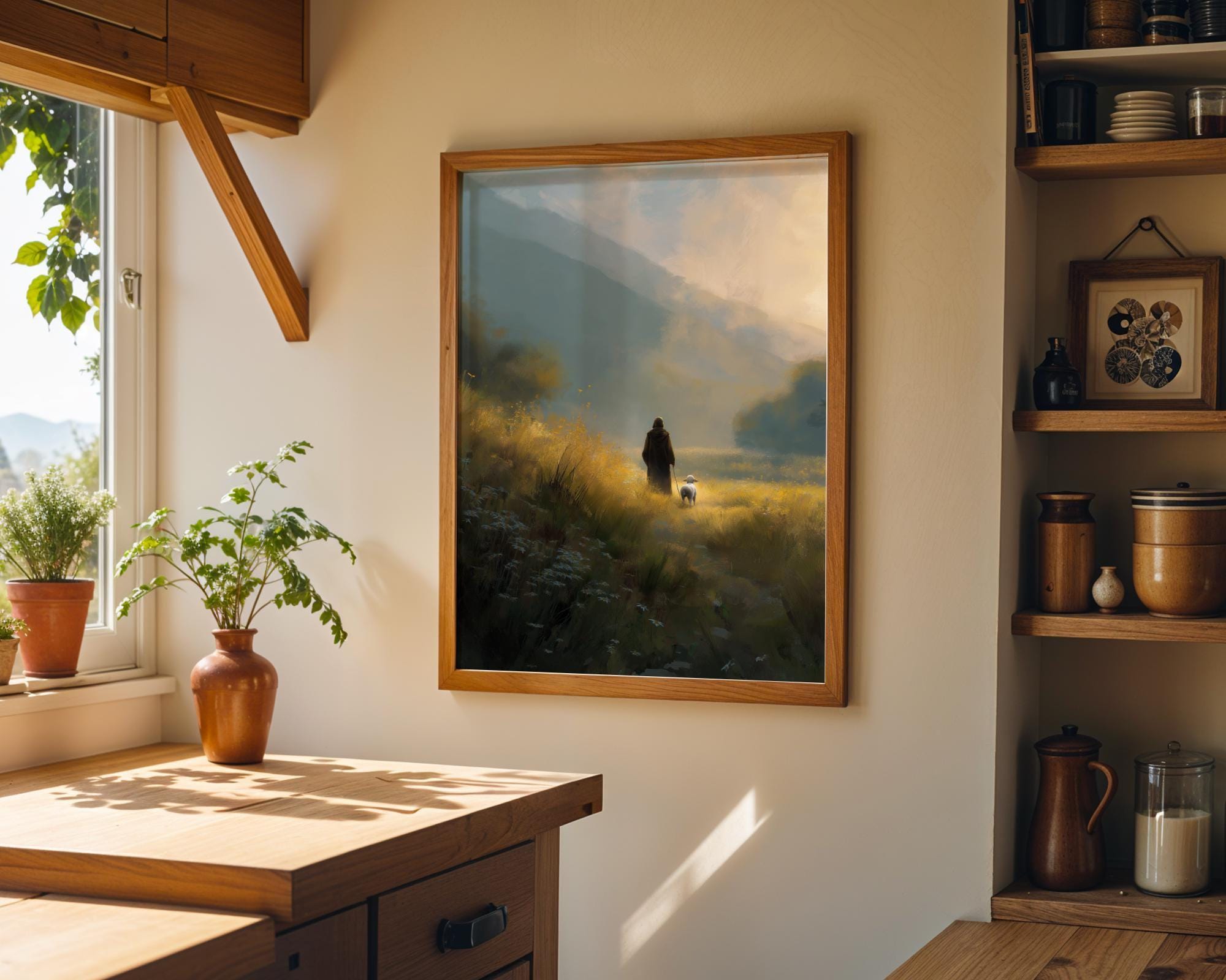 Christian Jesus Walking with Lamb Faith Landscape Wall Art by The Wall Art Studio