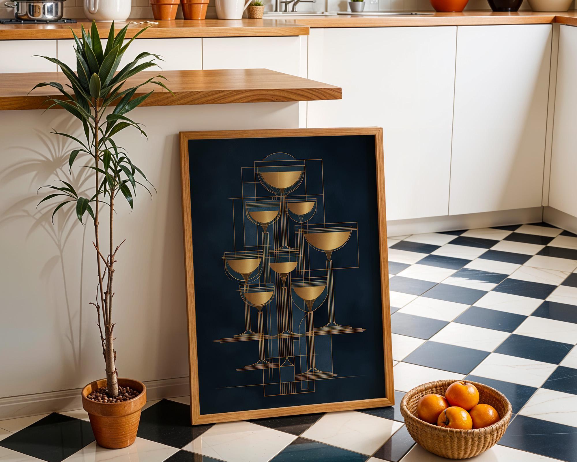 Art Deco Cocktail Wall Art Print, Minimalist Martini Illustration, Blue and Gold Bar Décor