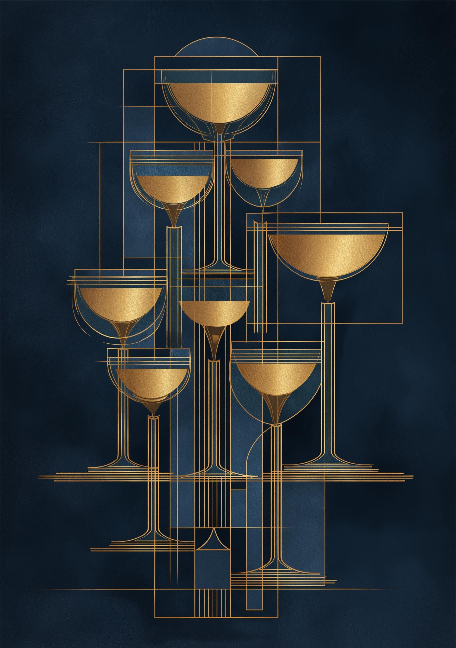 Art Deco Cocktail Wall Art Print, Minimalist Martini Illustration, Blue and Gold Bar Décor