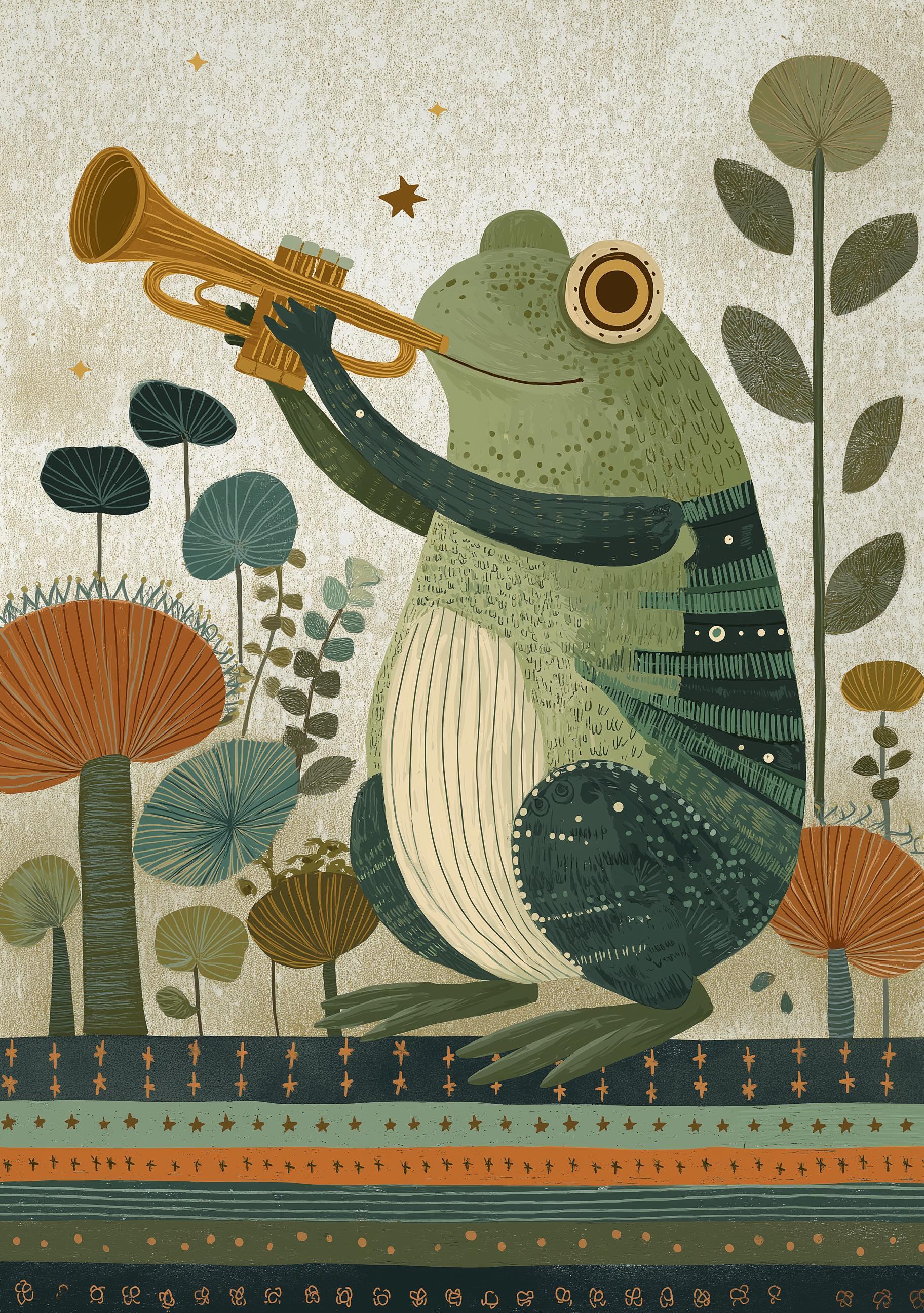 Whimsical Frog Music Kids Nursery Animal Playing Trumpet Wall Art by The Wall Art Studio