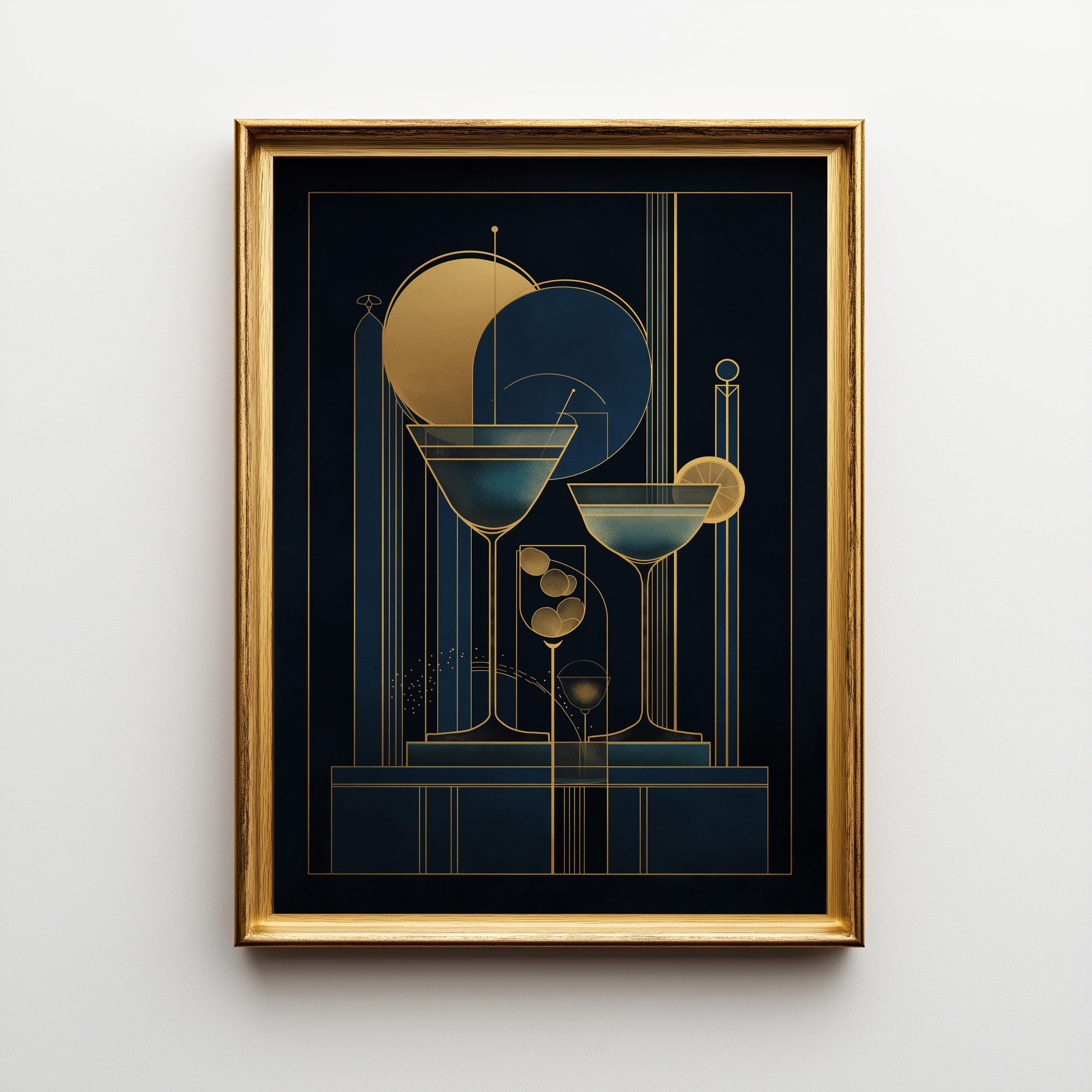Art Deco Cocktail Wall Art Print, Minimalist Martini Illustration, Blue, Pink and Gold Bar Décor