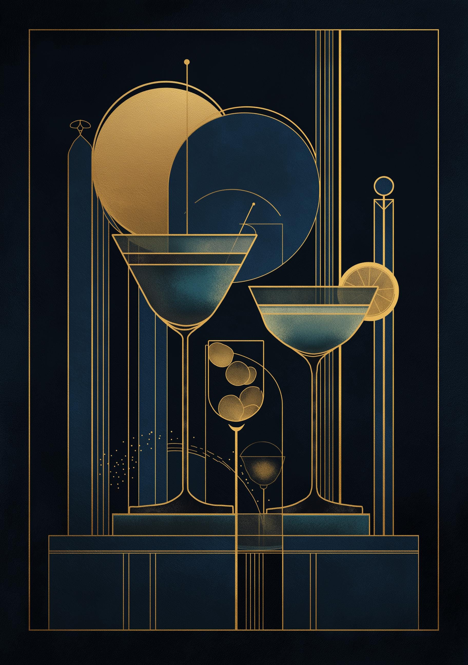 Art Deco Cocktail Wall Art Print, Minimalist Martini Illustration, Blue, Pink and Gold Bar Décor