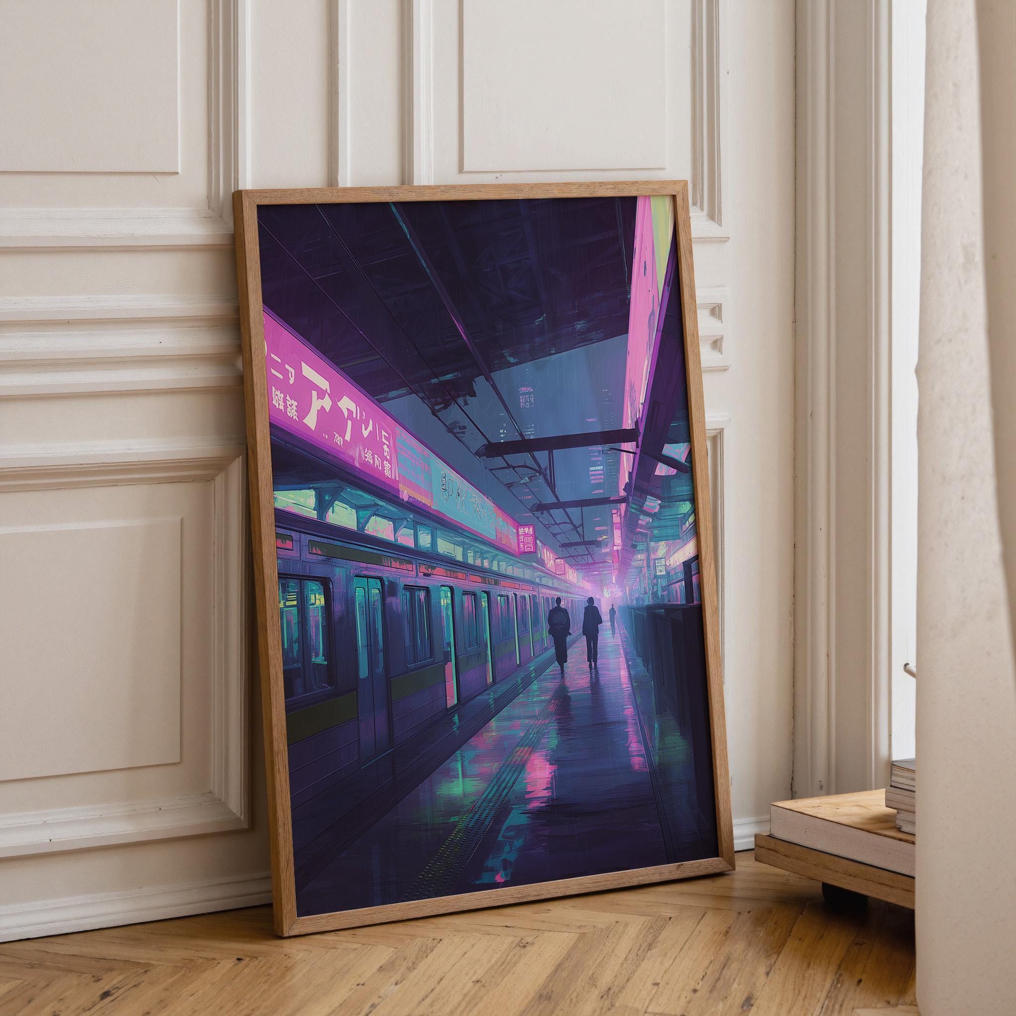 Neon Cyberpunk tokyo Metro Subway Platform Train Station Wall Art by The Wall Art Studio