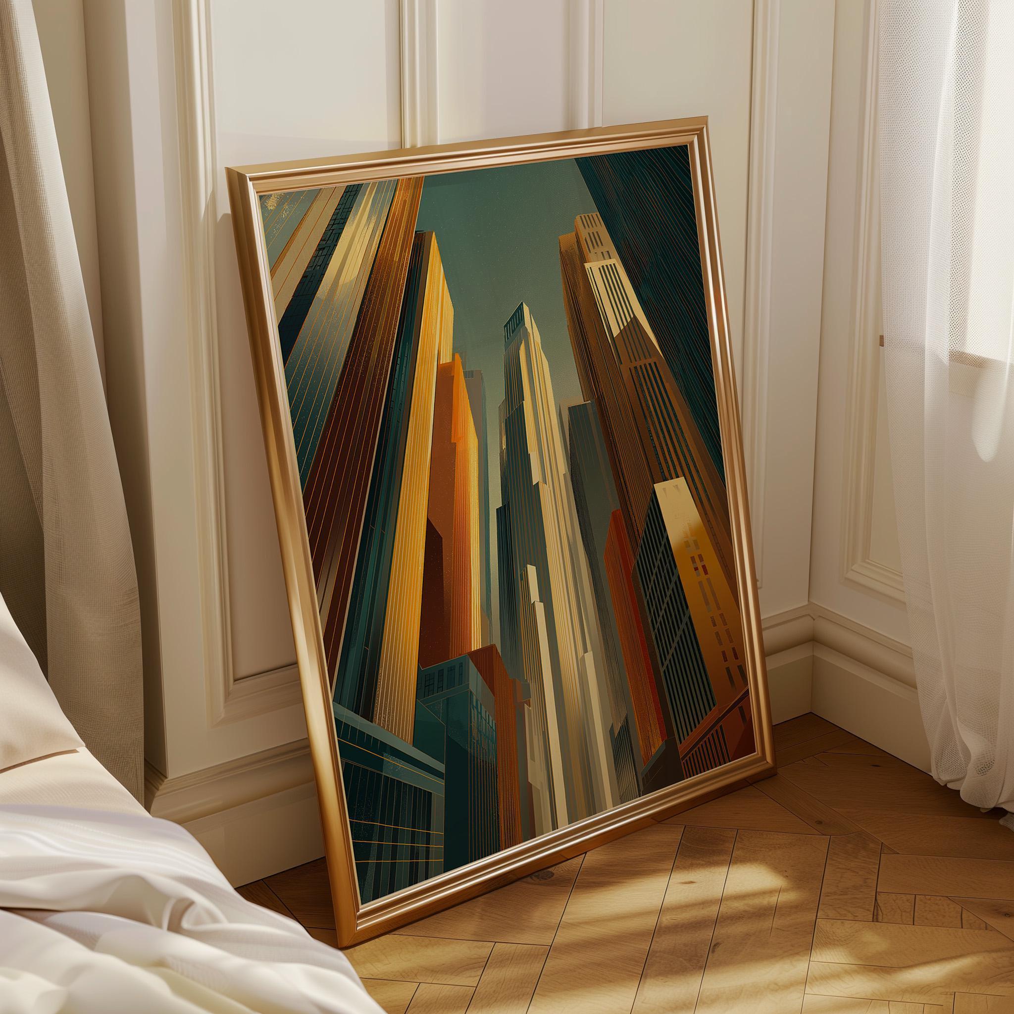 Art Deco Skyscraper Geometric Cityscape Gold & Teal Architecture Wall Art by The Wall Art Studio - physical