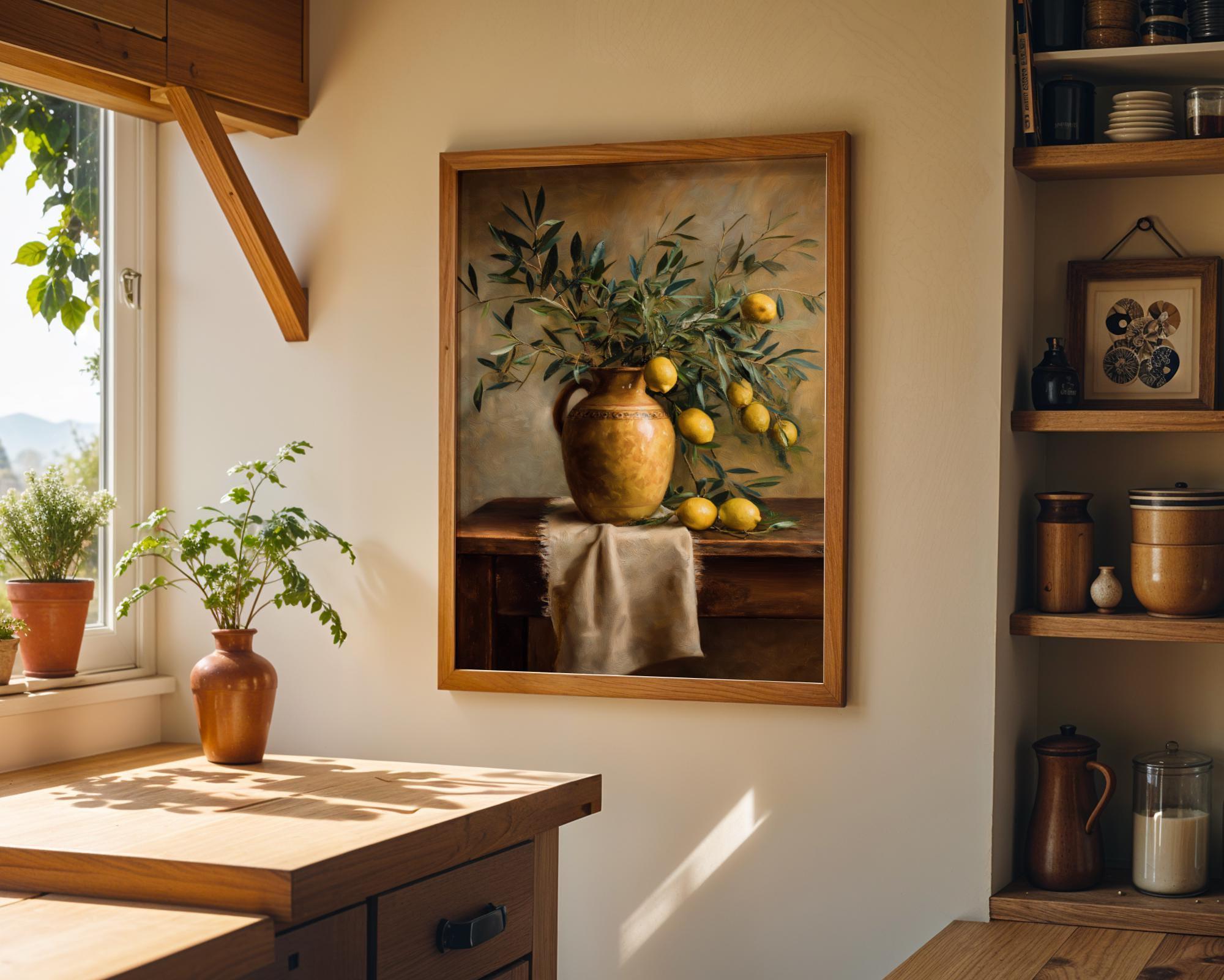 Mediterranean Still Life Olive Branch and Lemons Rustic Spanish Kitchen Wall Art