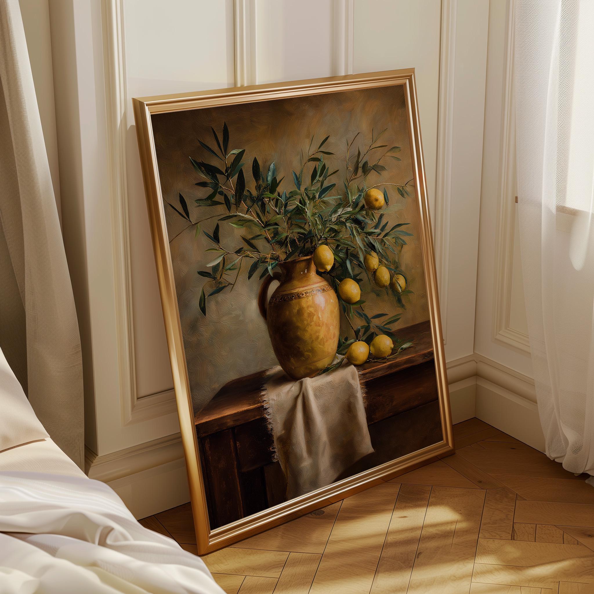 Mediterranean Still Life Olive Branch and Lemons Rustic Spanish Kitchen Wall Art