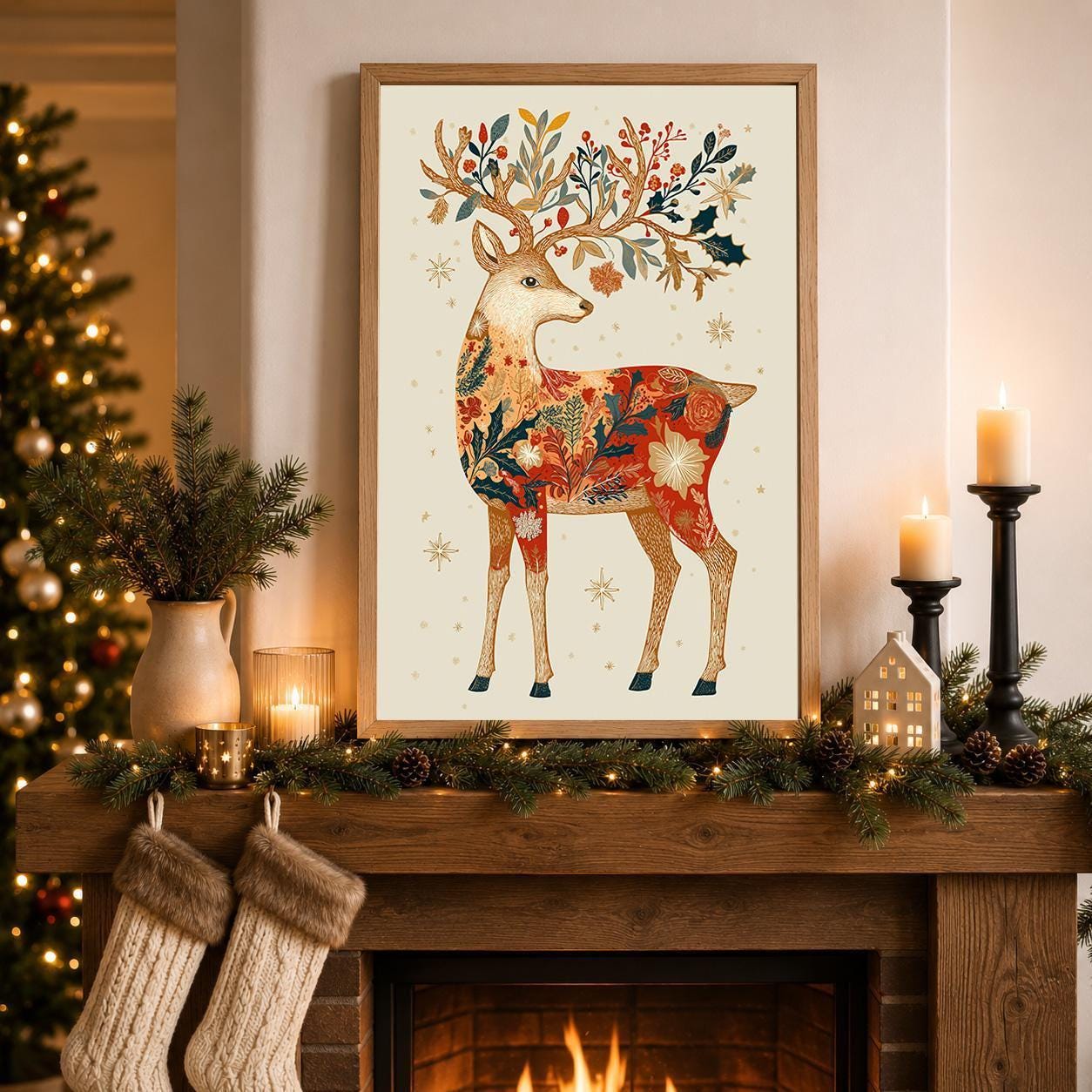 Folk Art Reindeer Scandinavian Woodland Christmas Wall Art by The Wall Art Studio