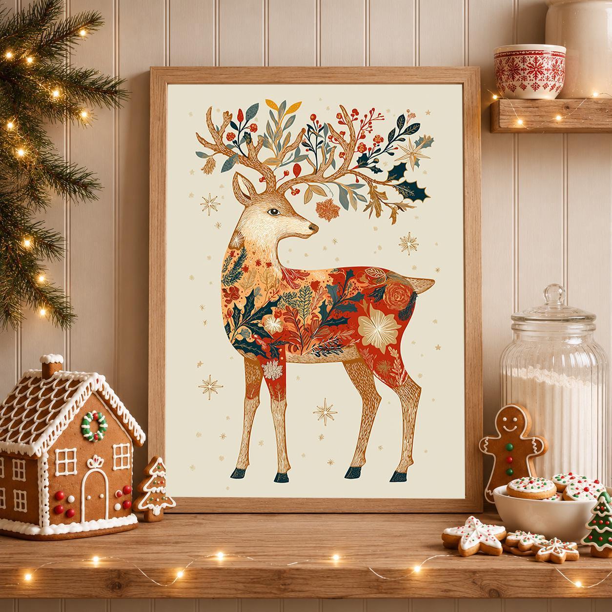 Folk Art Reindeer Scandinavian Woodland Christmas Wall Art by The Wall Art Studio