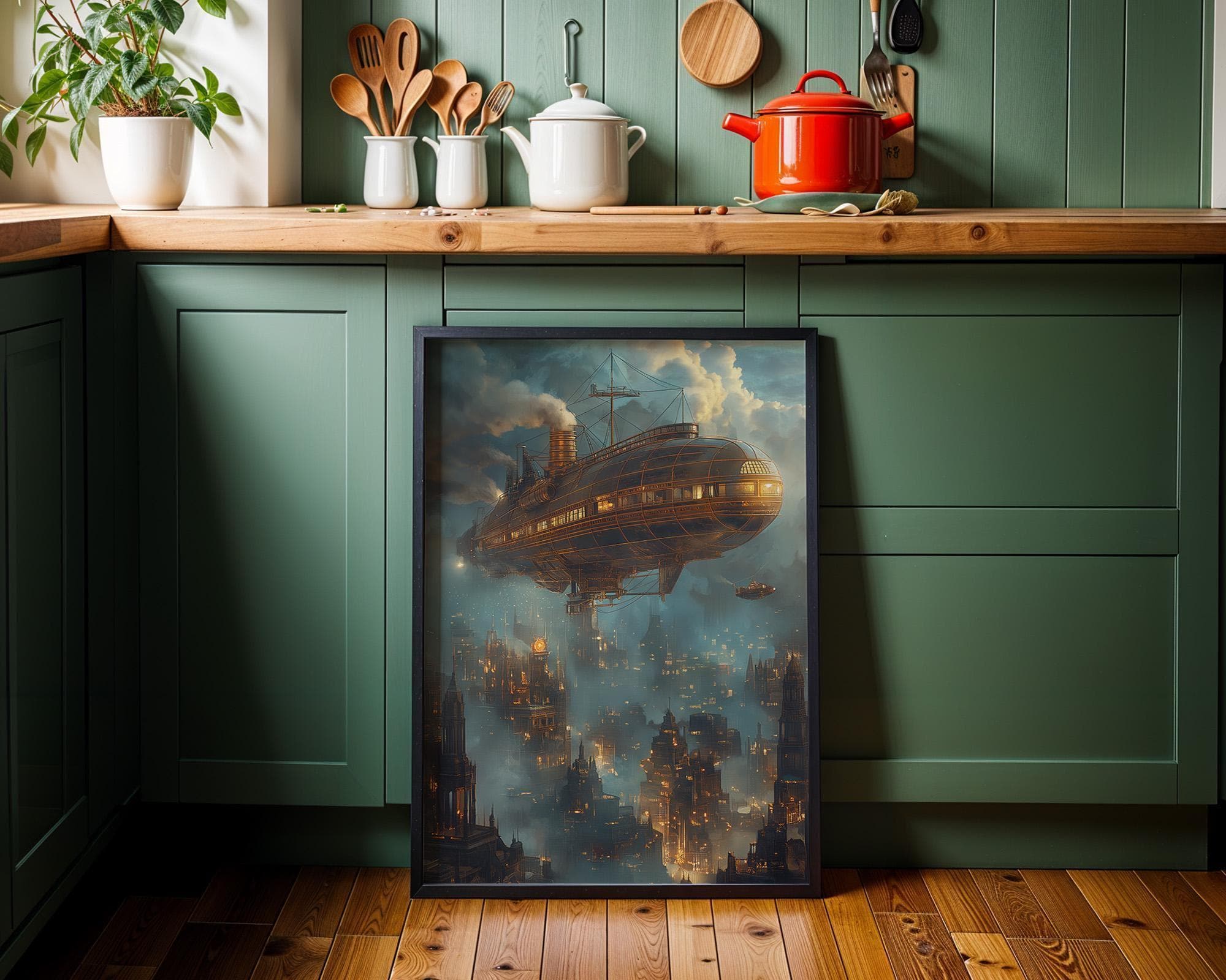 Steampunk Airship over Victorian City Wall Art by The Wall Art Studio
