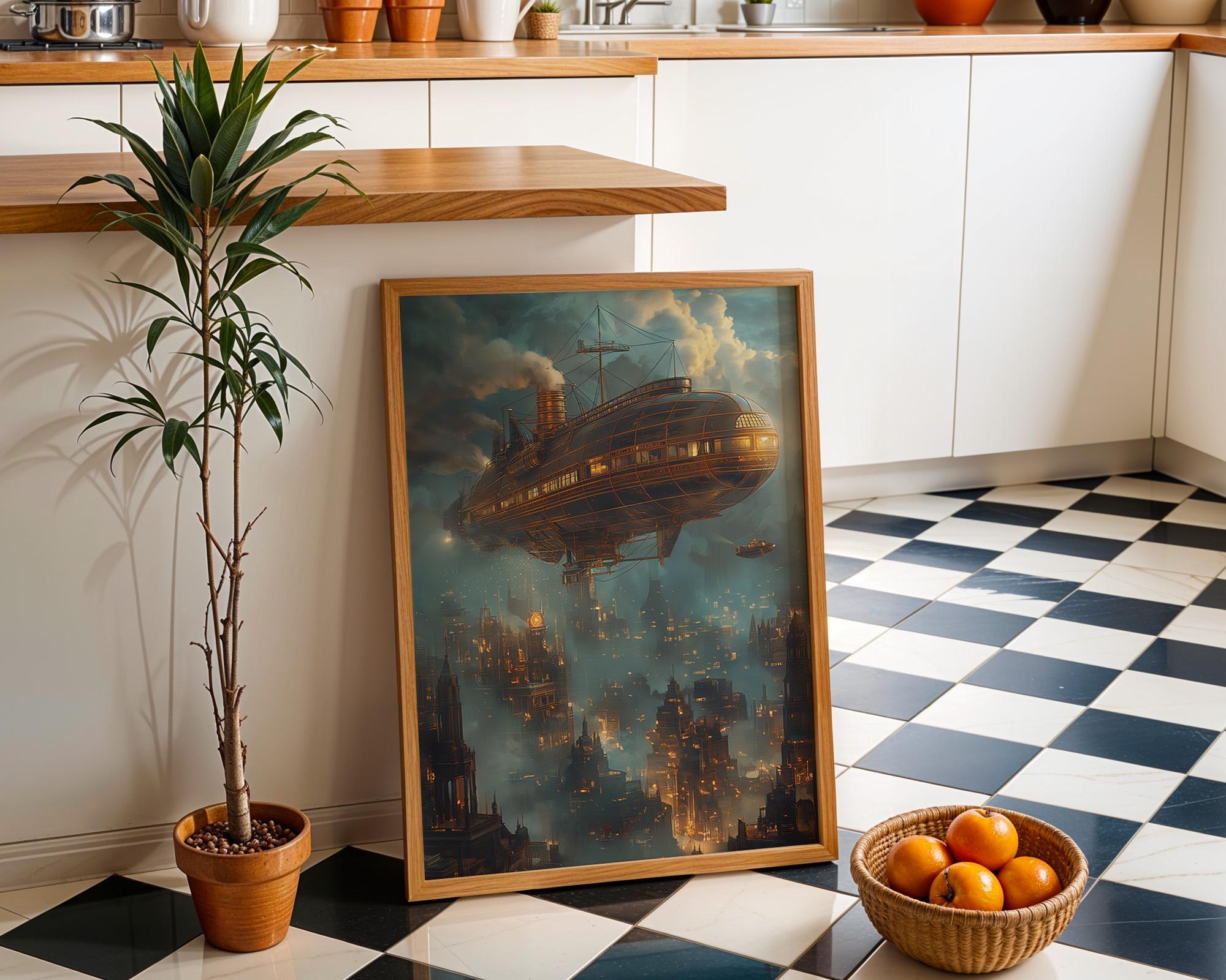 Steampunk Airship over Victorian City Wall Art by The Wall Art Studio