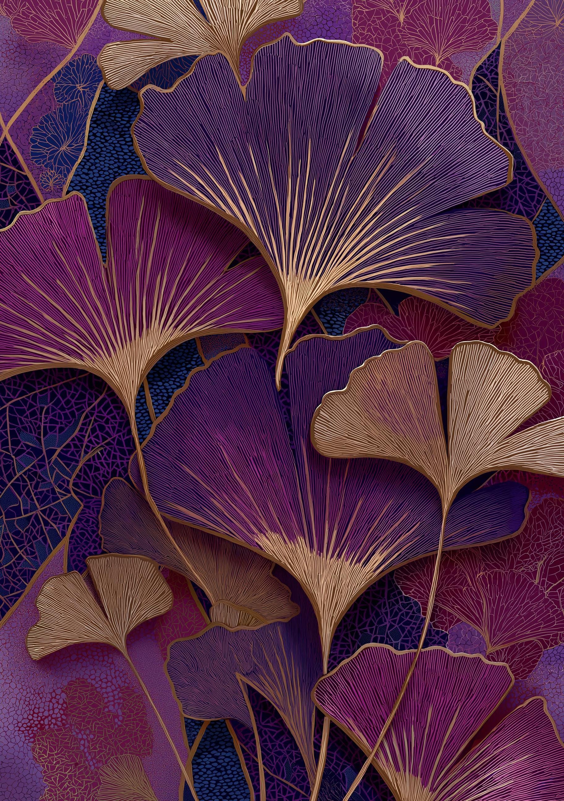 Purple Ginkgo Leaf Dark Maximalist Art Deco Wall Art by The Wall Art Studio - physical