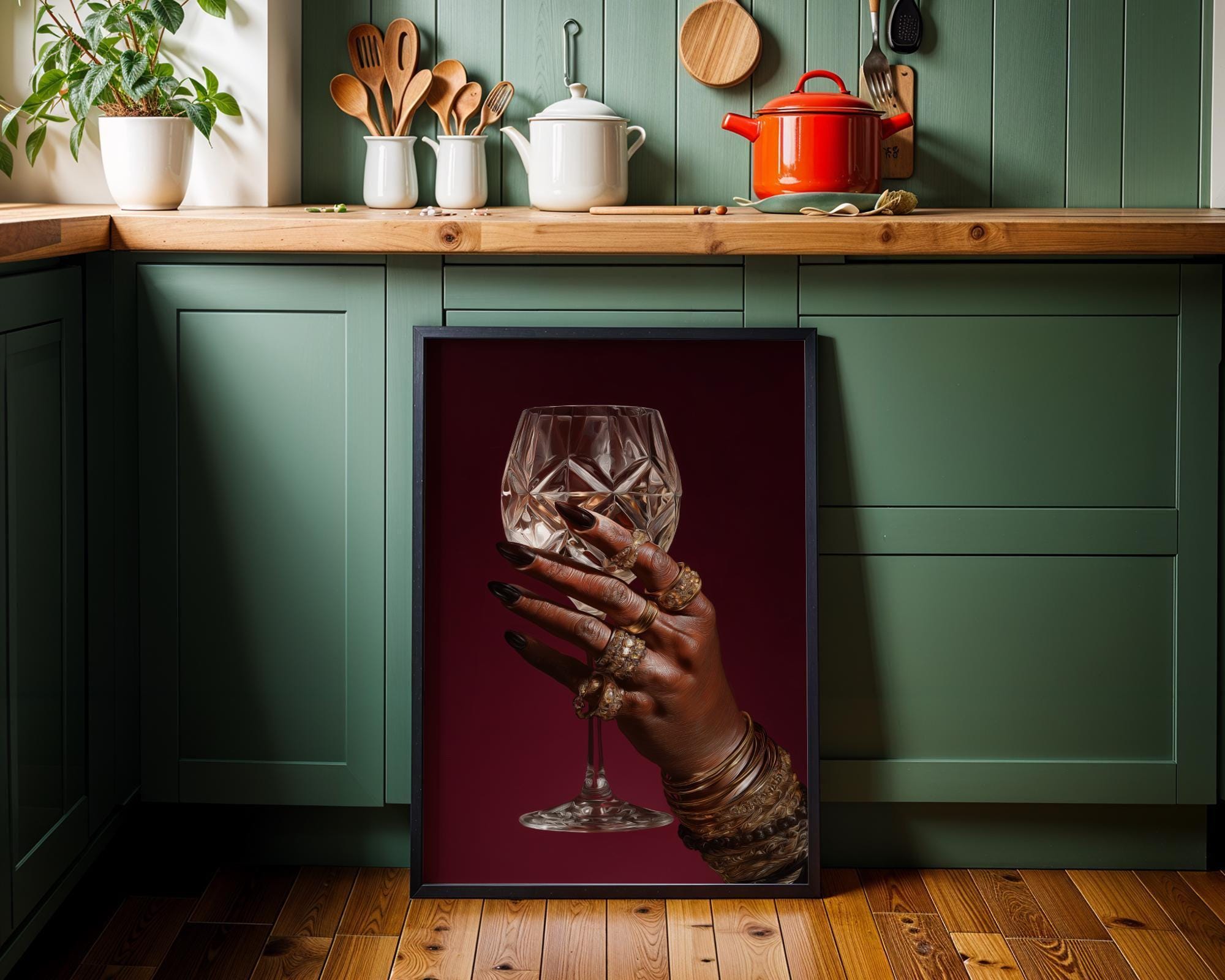 Black Power Wall Art – Luxury Afrocentric Still Life with Wine Glass & Gold Jewellery, Bold Black Excellence Décor