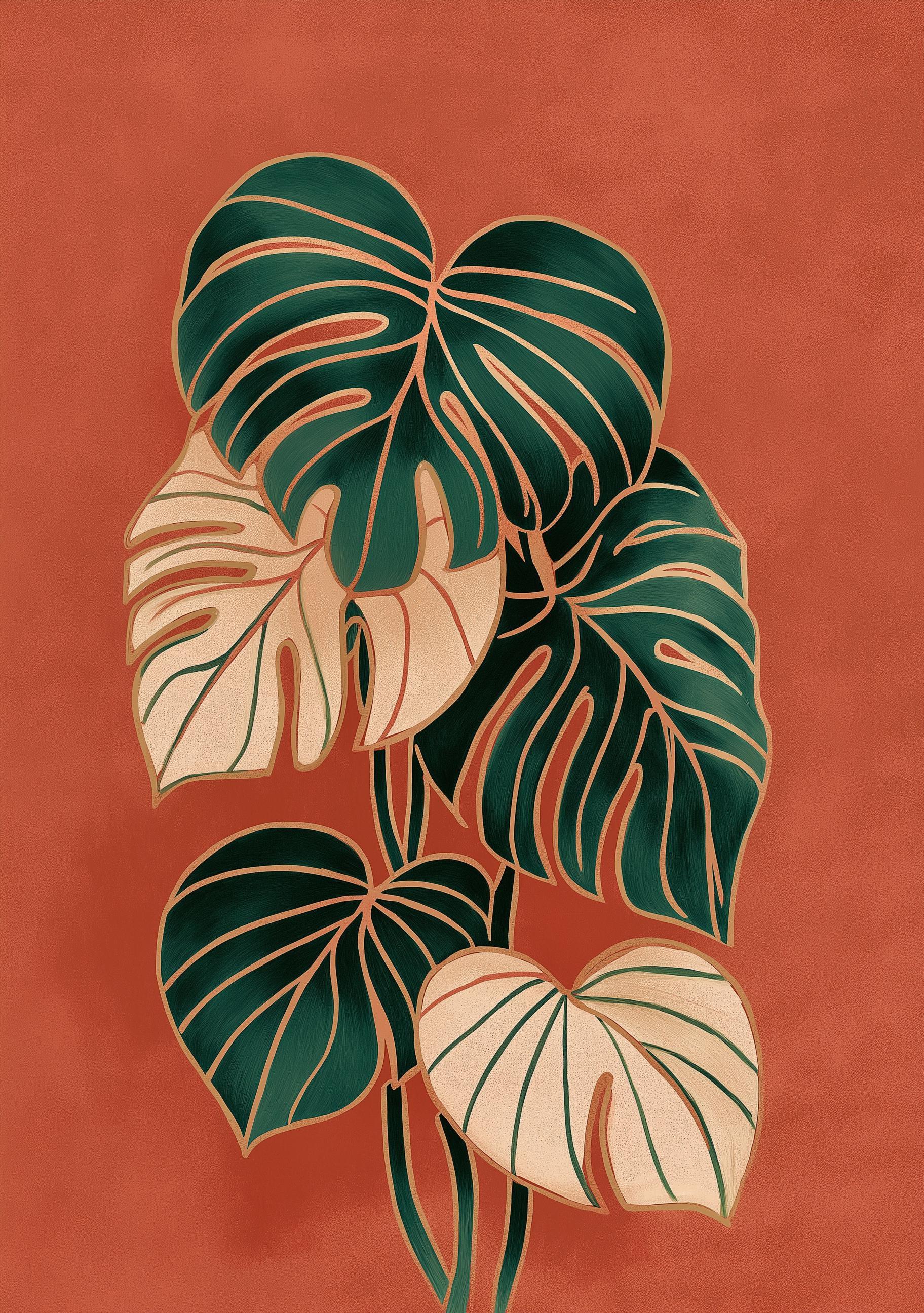 Monstera Leaf Terracotta Tropical Plant Mid Century Wall Art by The Wall Art Studio
