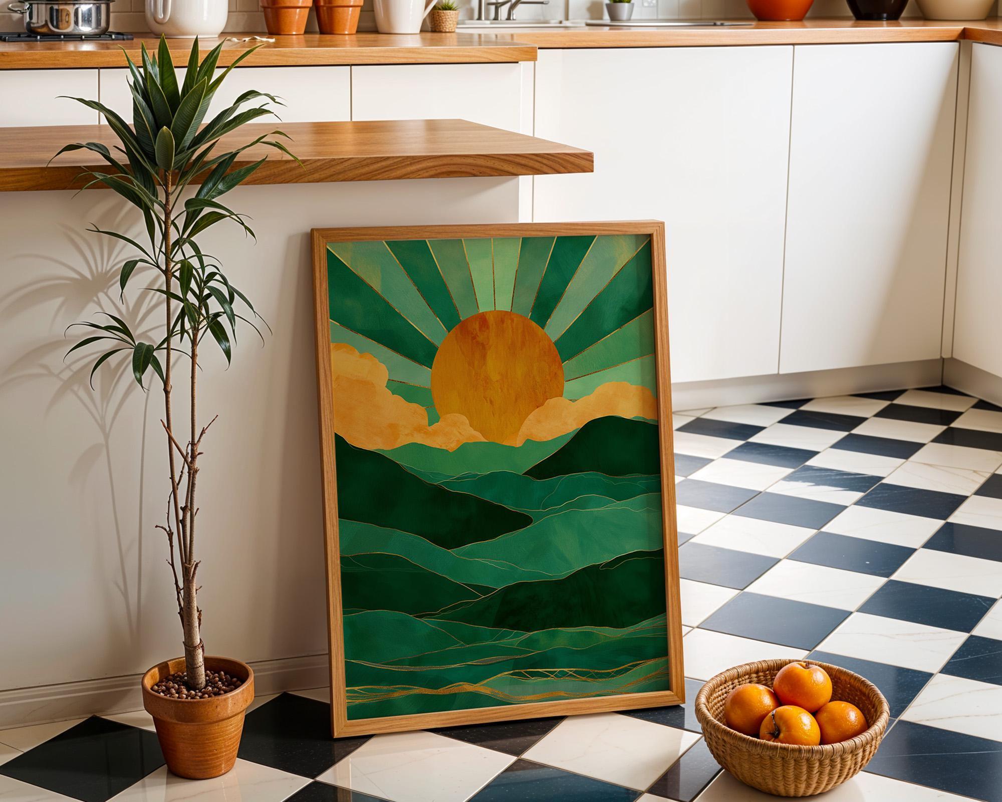 Emerald Green Mountain Sunrise Art Deco Landscape Wall Art by The Wall Art Studio