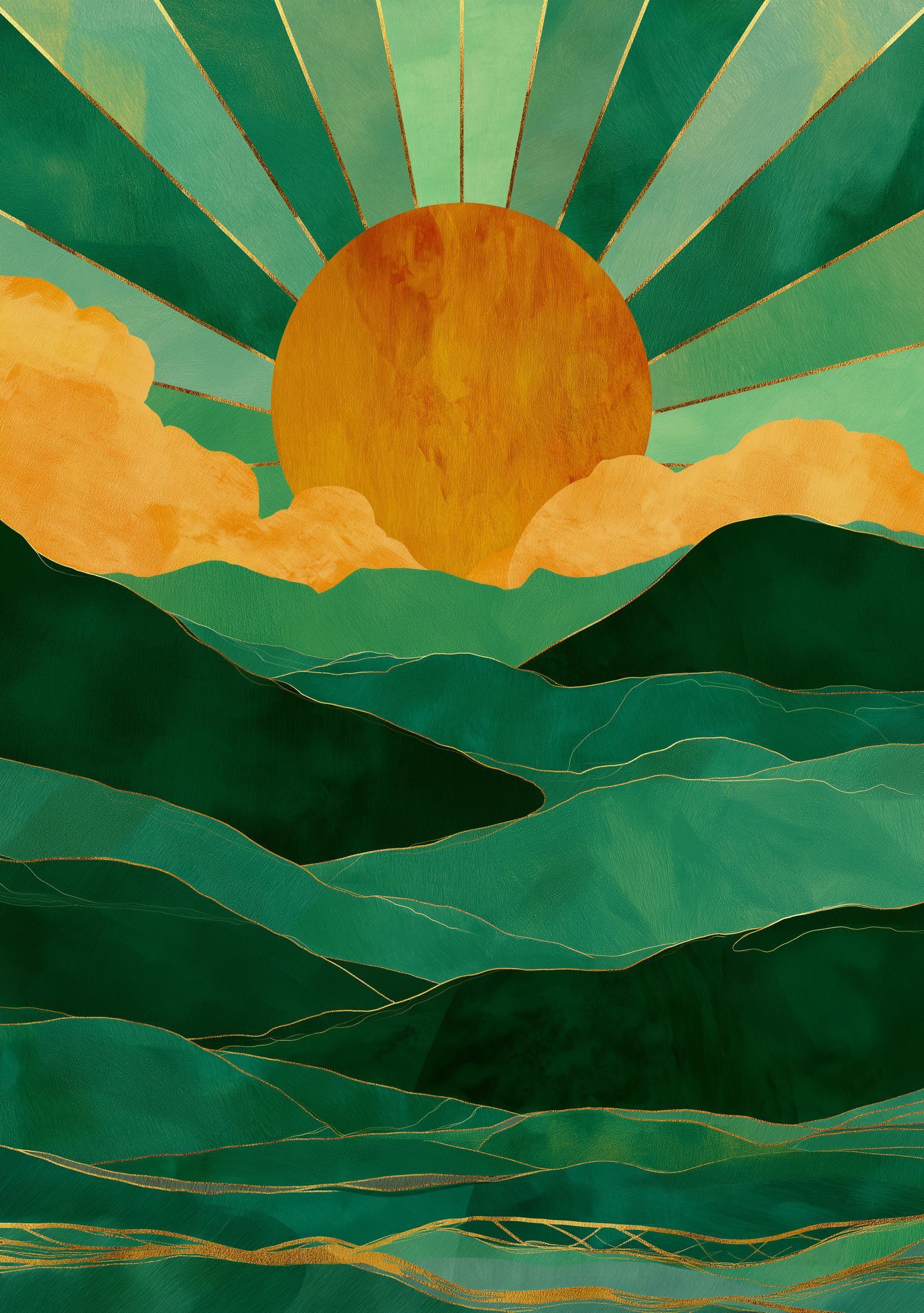 Emerald Green Mountain Sunrise Art Deco Landscape Wall Art by The Wall Art Studio