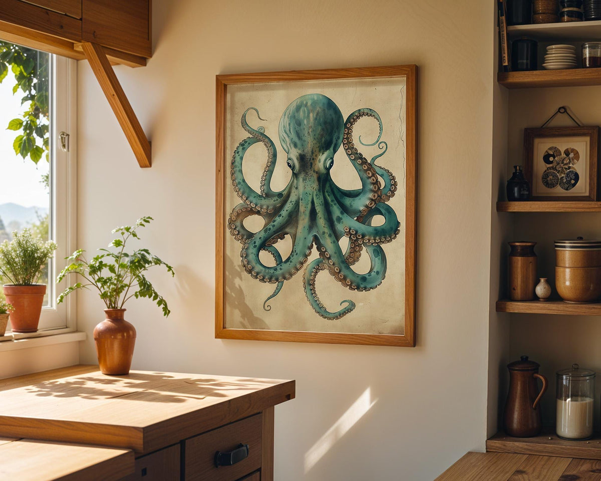 Vintage Octopus Teal Antique Kraken Nautical Coastal Wall Art by The Wall Art Studio