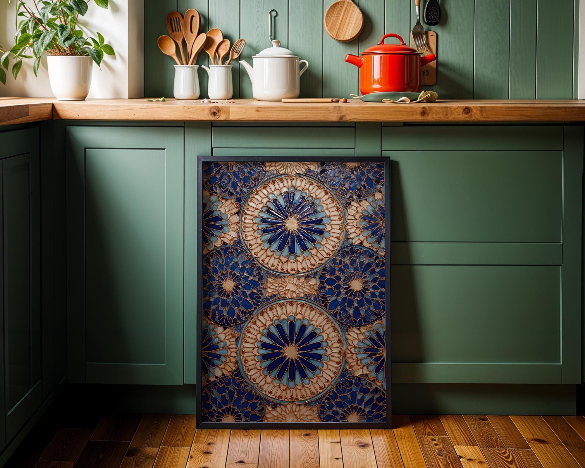 Blue Moroccan Tile Wall Art Print, Geometric Pattern Poster, Mediterranean Decor, Boho Coastal Blue Artwork (Framed Option)