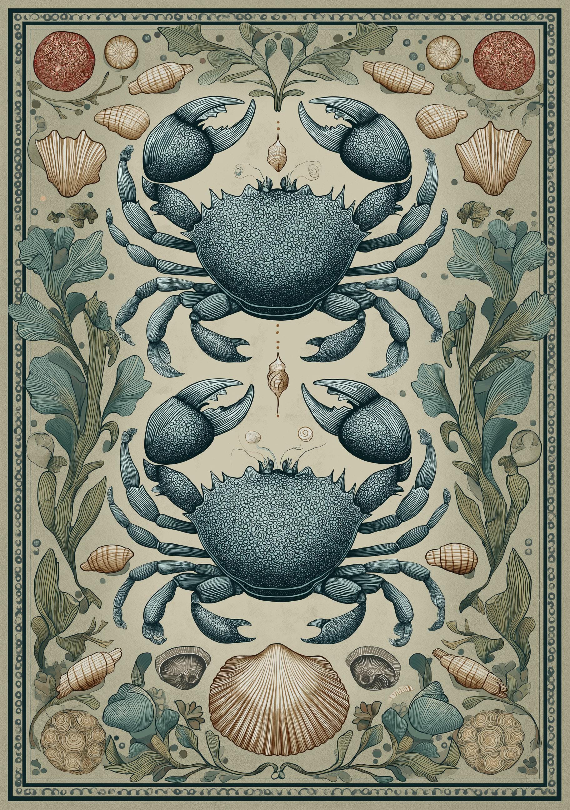 Coastal Crab Folk ArtNautical Beach House Sea Life Wall Art