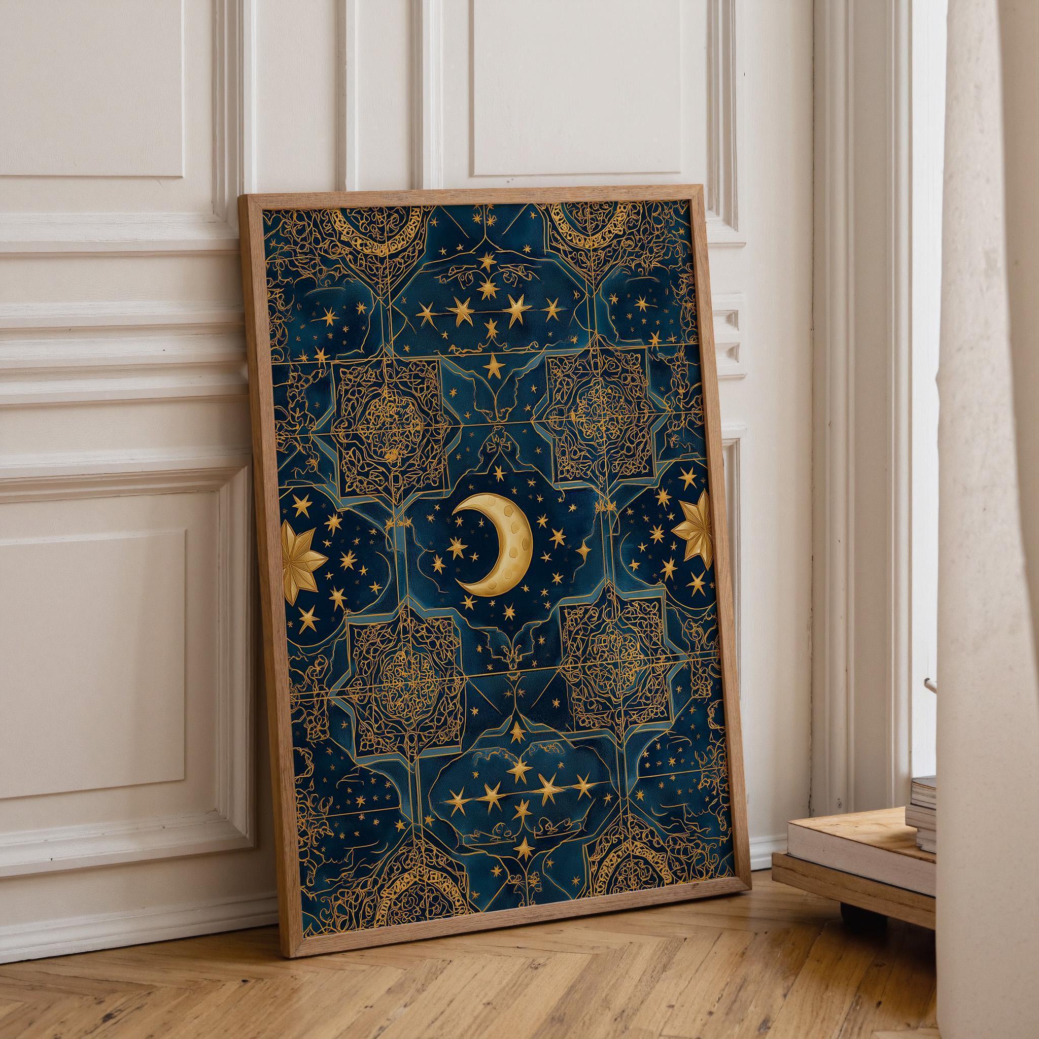 Islamic Star Moon Blue & Gold Arabic Pattern Wall Art by The Wall Art Studio