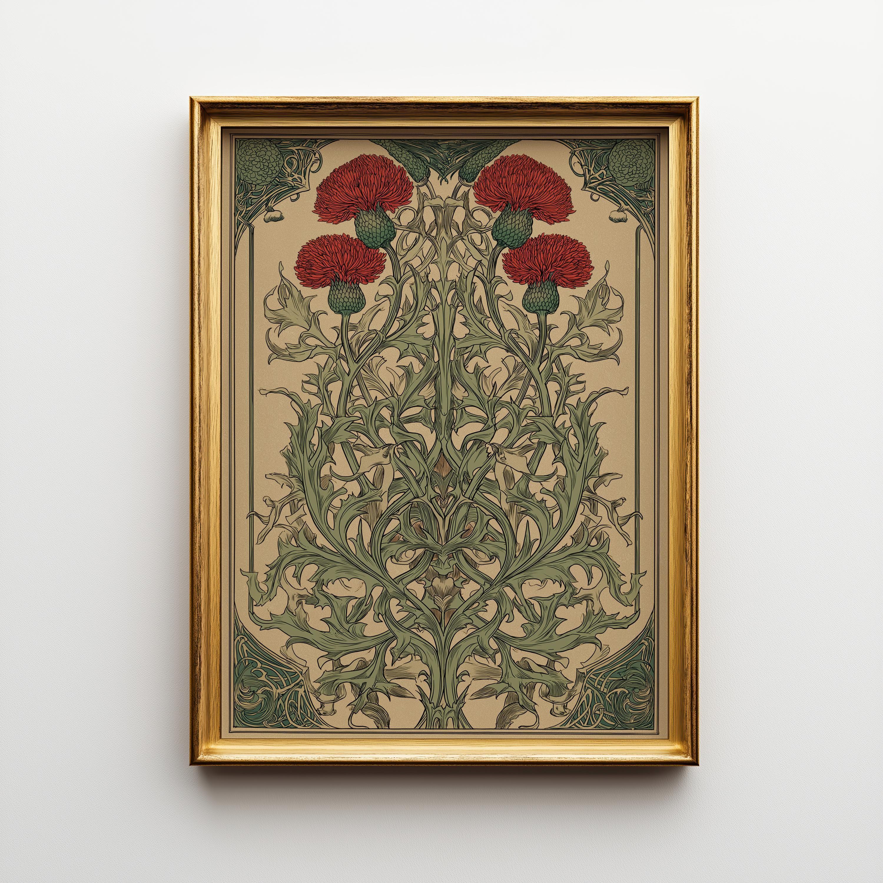 Art Nouveau Thistle Botanical William Morris Style Floral Vintage Botanical Wall Art