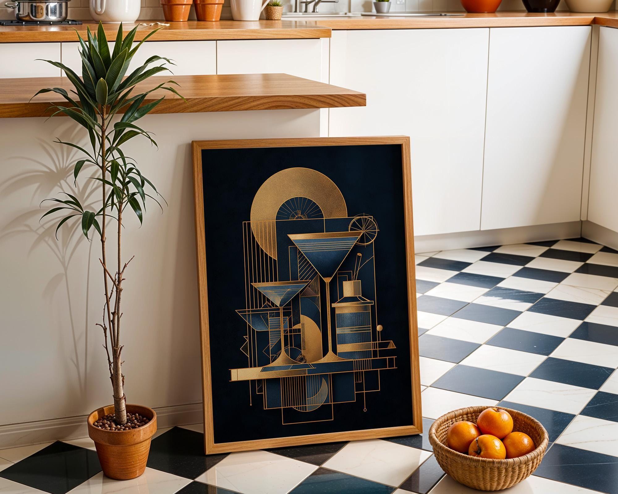 Blue and Gold Art Deco Minimalist Martini Cocktail Wall Art by The Wall Art Studio