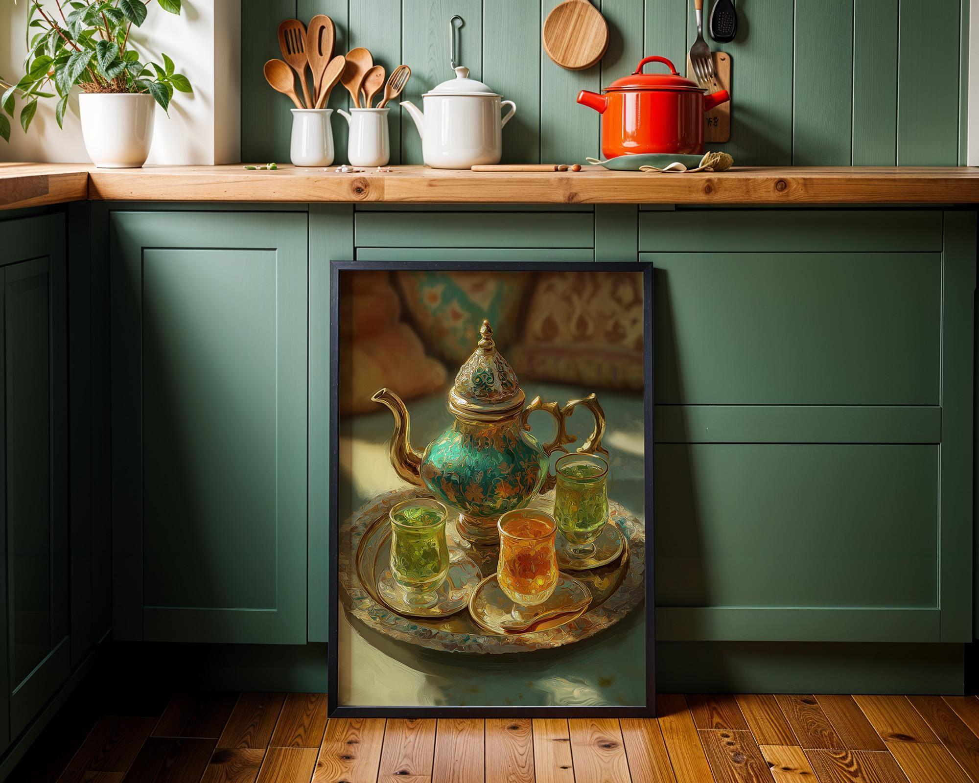 Moroccan Mint Tea Set Still Life Boho Kitchen Wall Art by The Wall Art Studio
