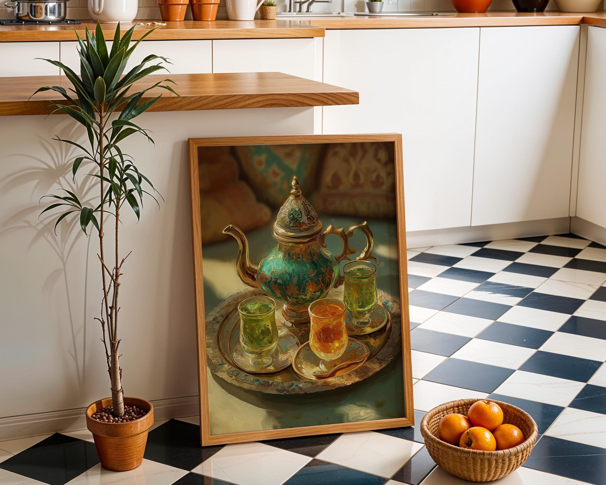 Moroccan Mint Tea Set Still Life Boho Kitchen Wall Art by The Wall Art Studio