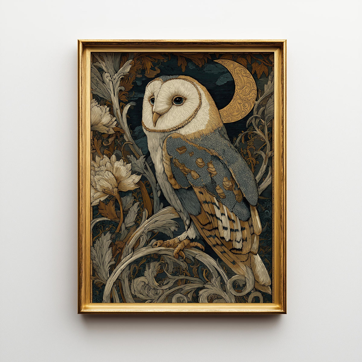 Art Nouveau Barn Owl Botanical William Morris Style Wall Art