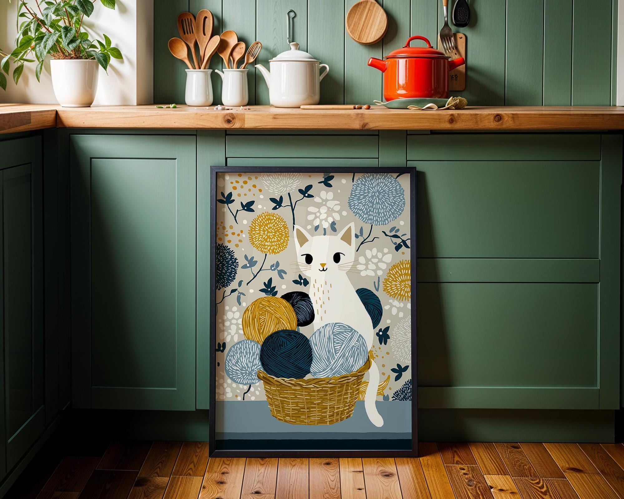 Cat Yarn Basket Knitting Cat Cozy Nursery Wall Art by The Wall Art Studio