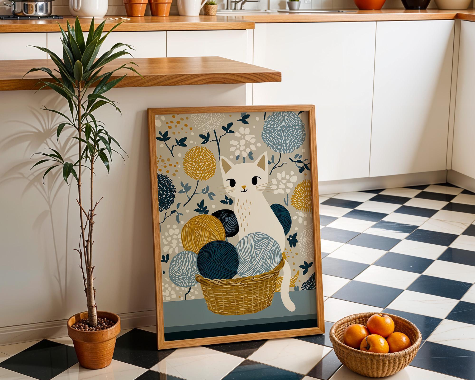 Cat Yarn Basket Knitting Cat Cozy Nursery Wall Art by The Wall Art Studio