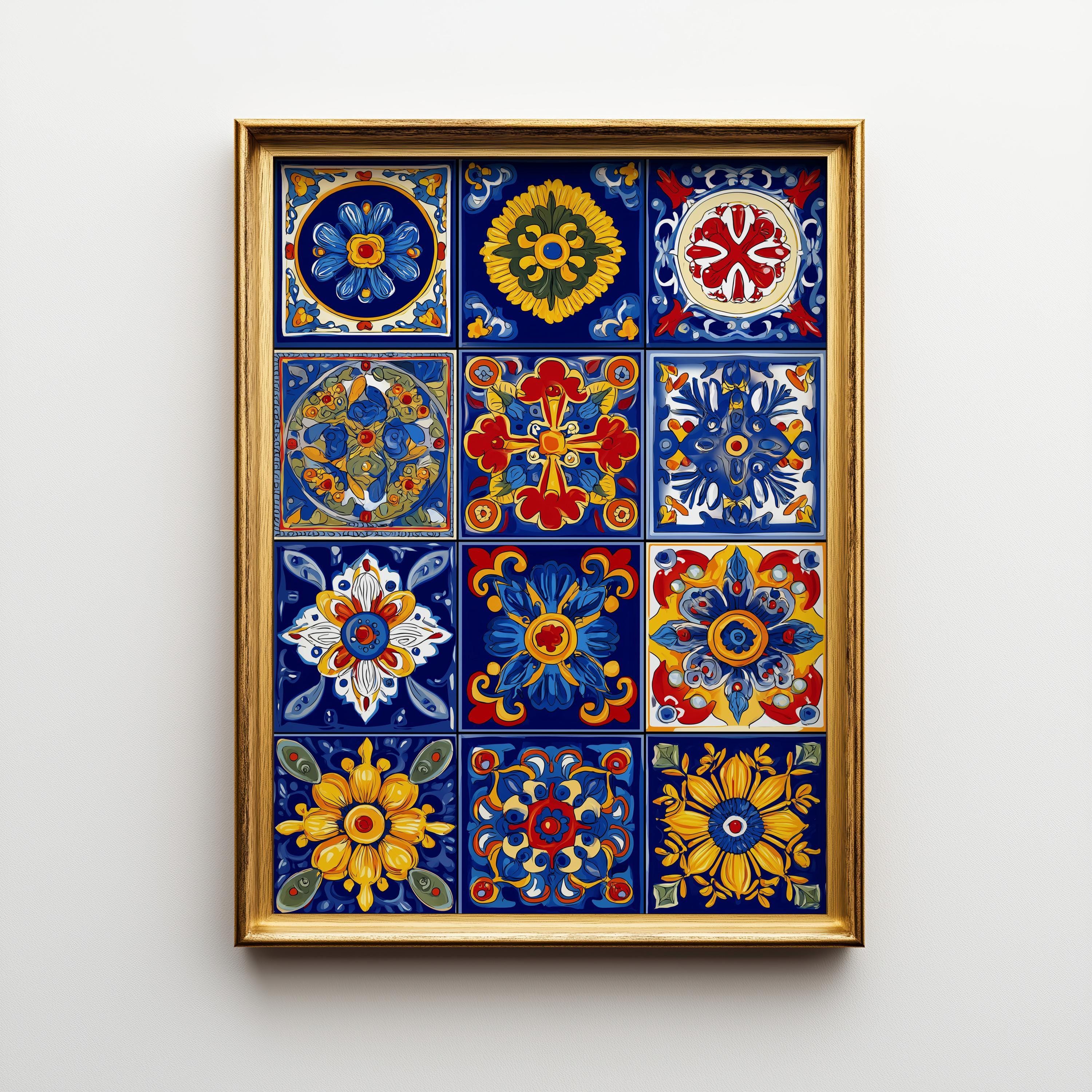 Talavera Tile Mexican Floral Pattern Colourful Folk Wall Art by The Wall Art Studio
