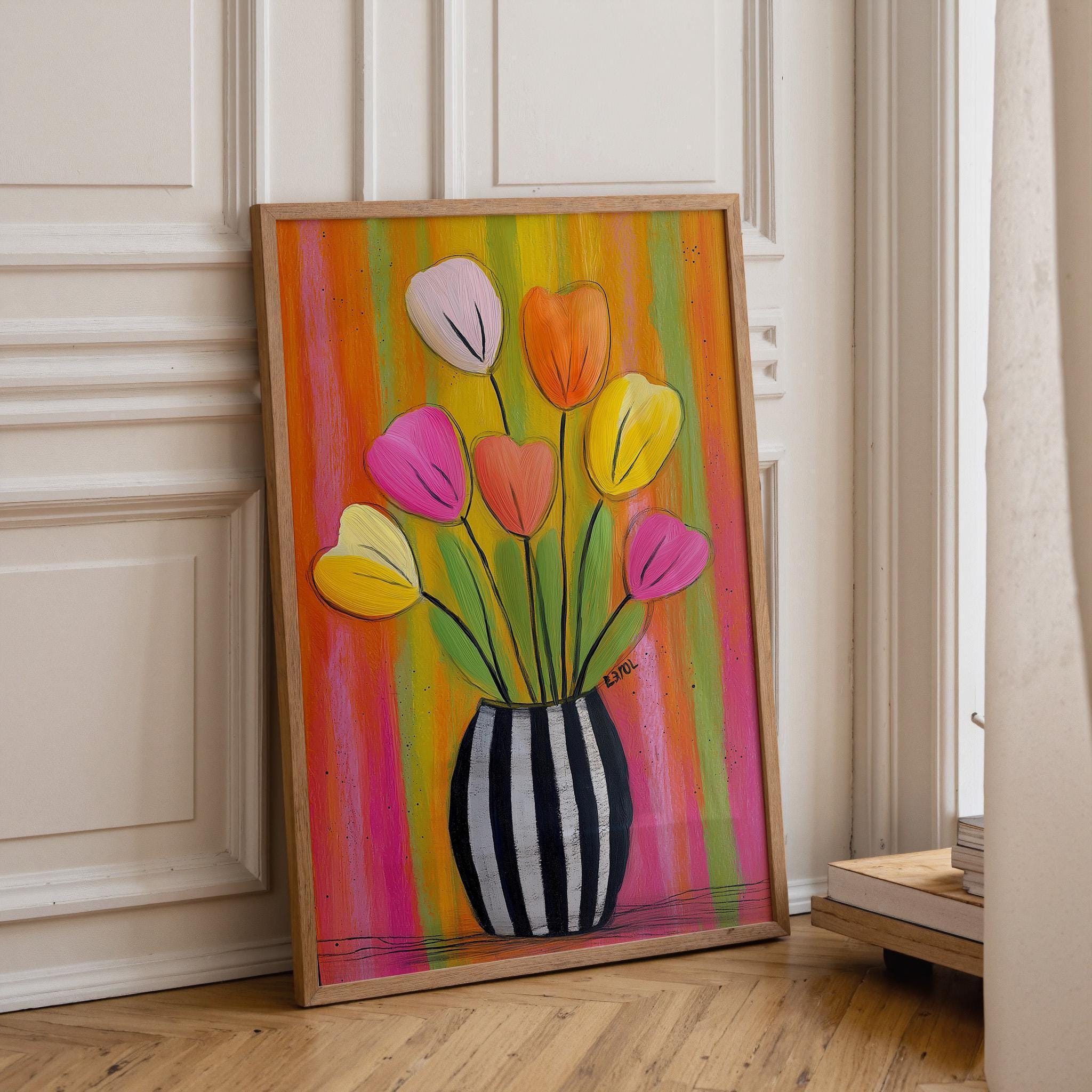 Colorful Tulip Striped Vase Maximalist Floral Wall Art