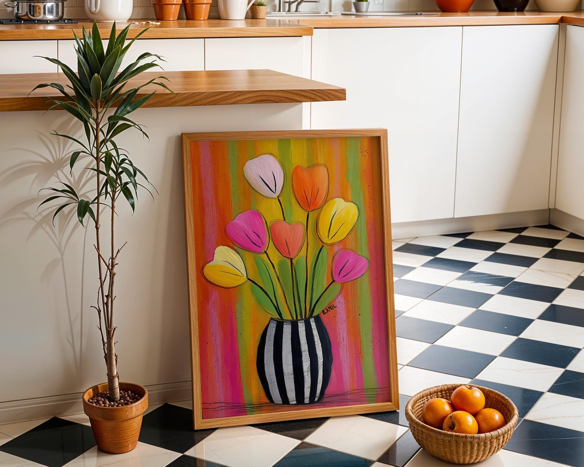 Colorful Tulip Striped Vase Maximalist Floral Wall Art