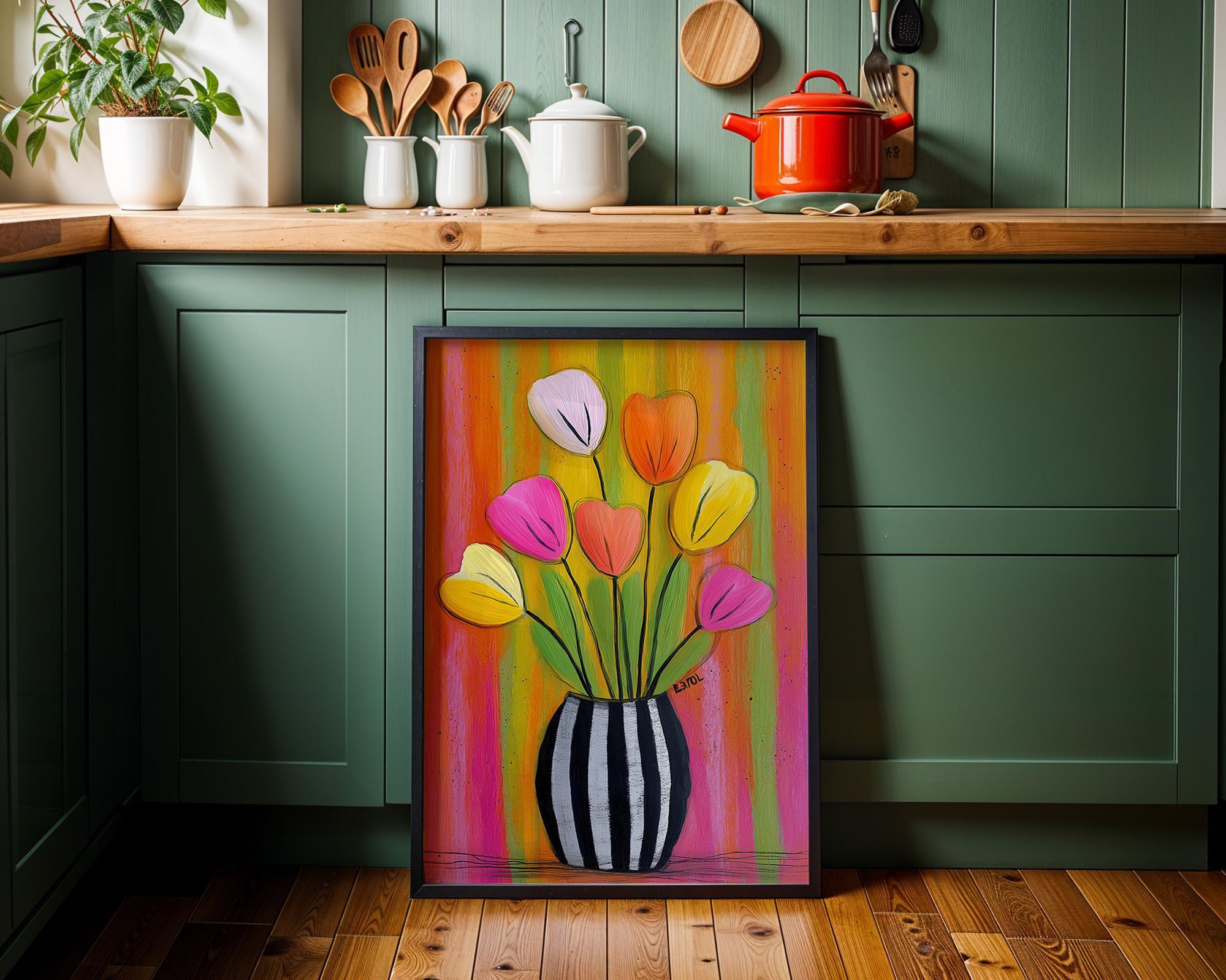Colorful Tulip Striped Vase Maximalist Floral Wall Art
