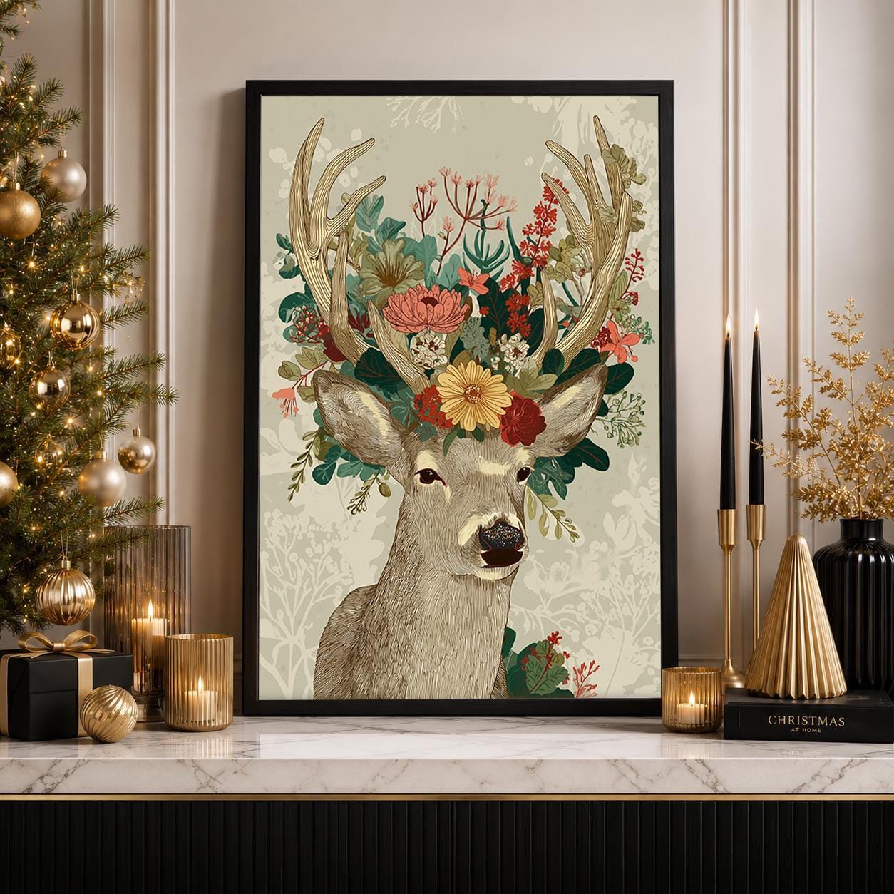 Floral Deer Scandinavian Christmas Wall Art by The Wall Art Studio
