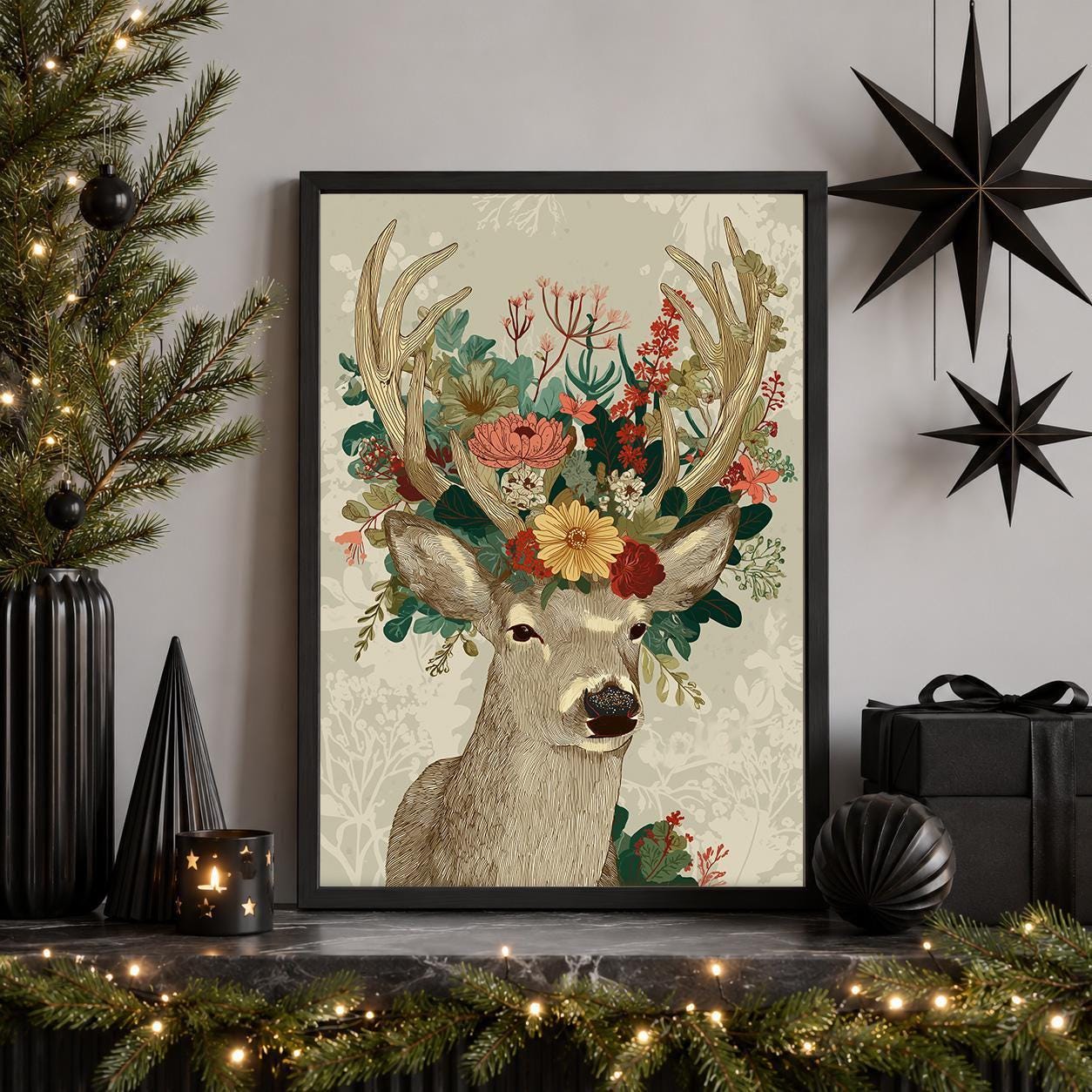Floral Deer Scandinavian Christmas Wall Art by The Wall Art Studio