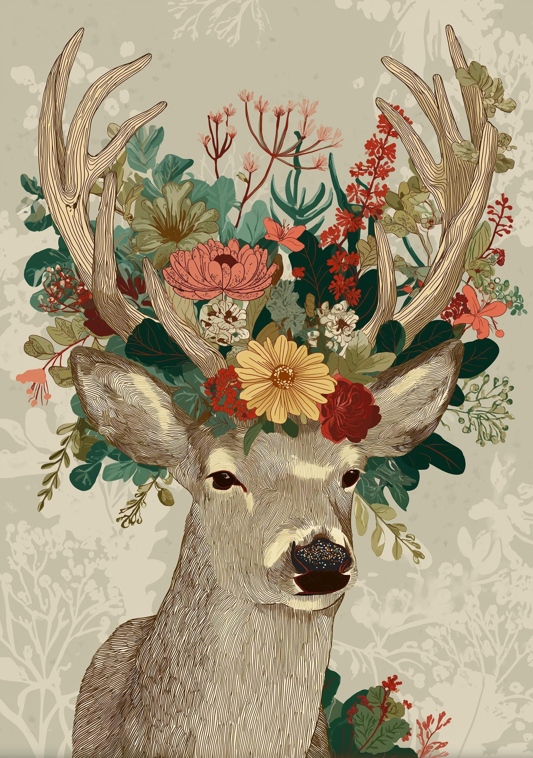 Floral Deer Scandinavian Christmas Wall Art by The Wall Art Studio