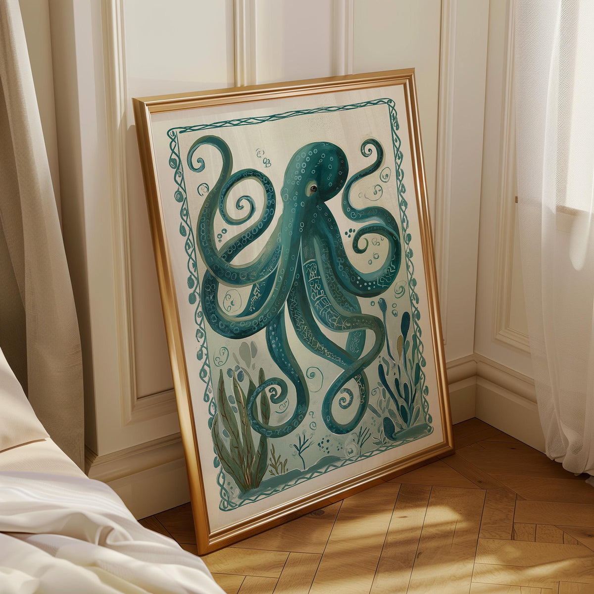 Teal Octopus Coastal Ocean Nautical Sea Life Wall Art