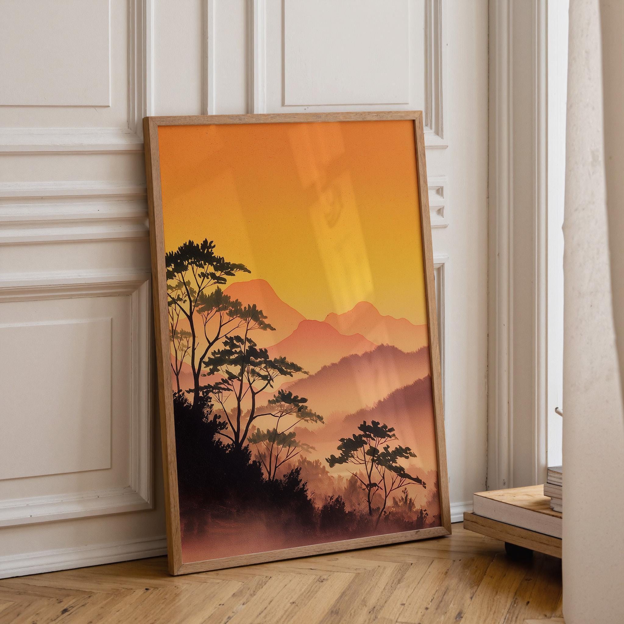 Sunset Japanese Mountain Warm Orange Forest Wall Art by The Wall Art Studio