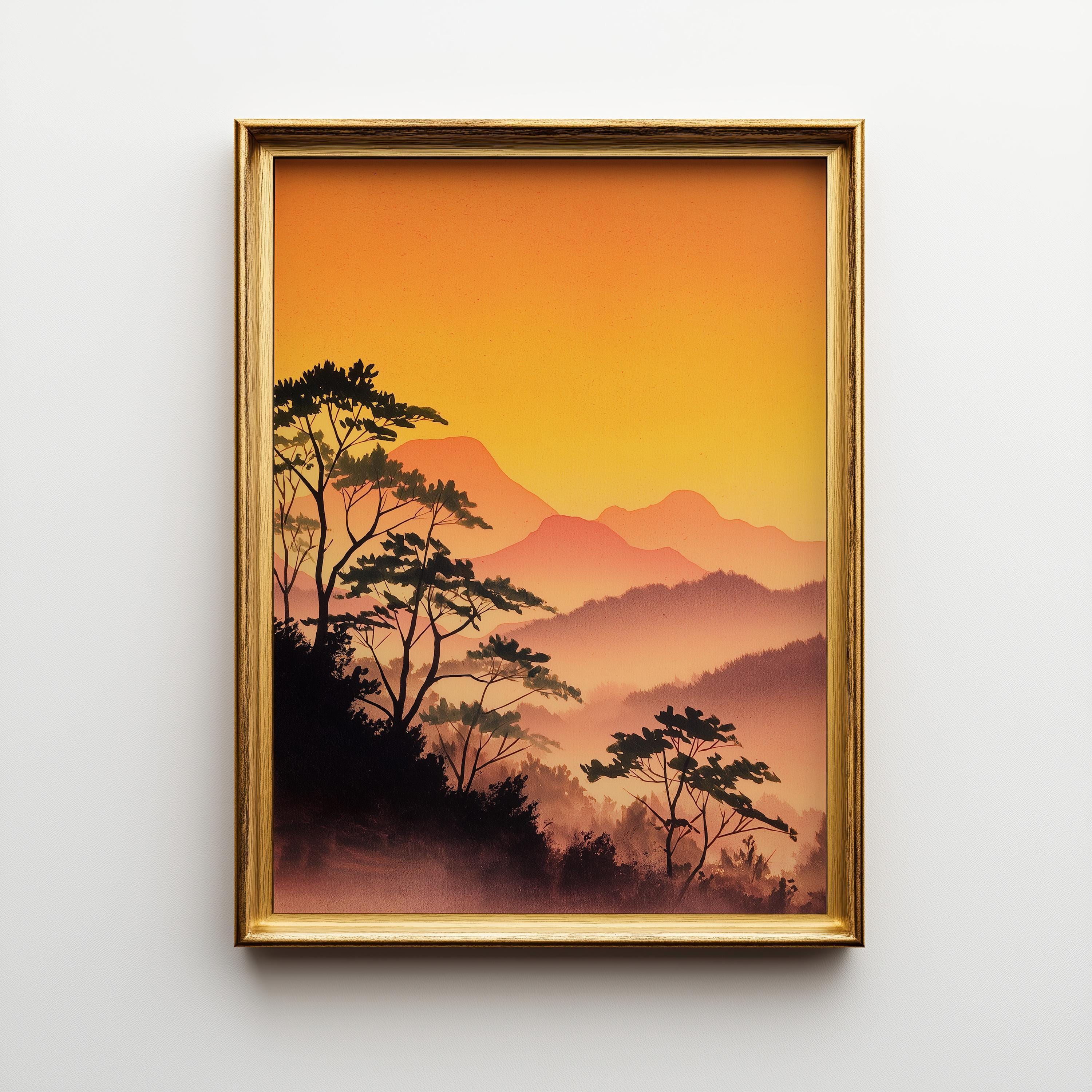 Sunset Japanese Mountain Warm Orange Forest Wall Art by The Wall Art Studio