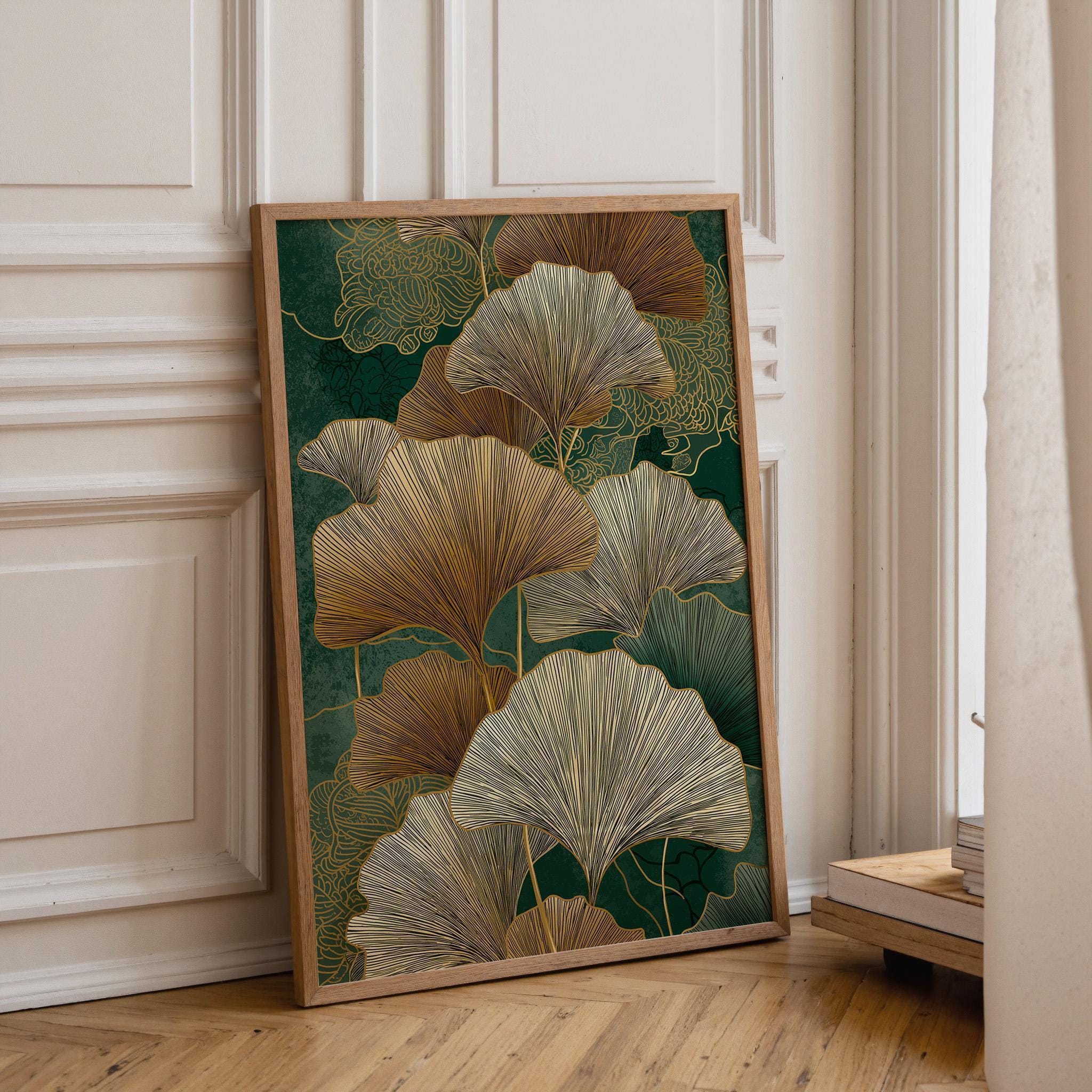 Ginkgo Leaf Wall Art, Art Deco Botanical Print, Gold Green Nature Illustration
