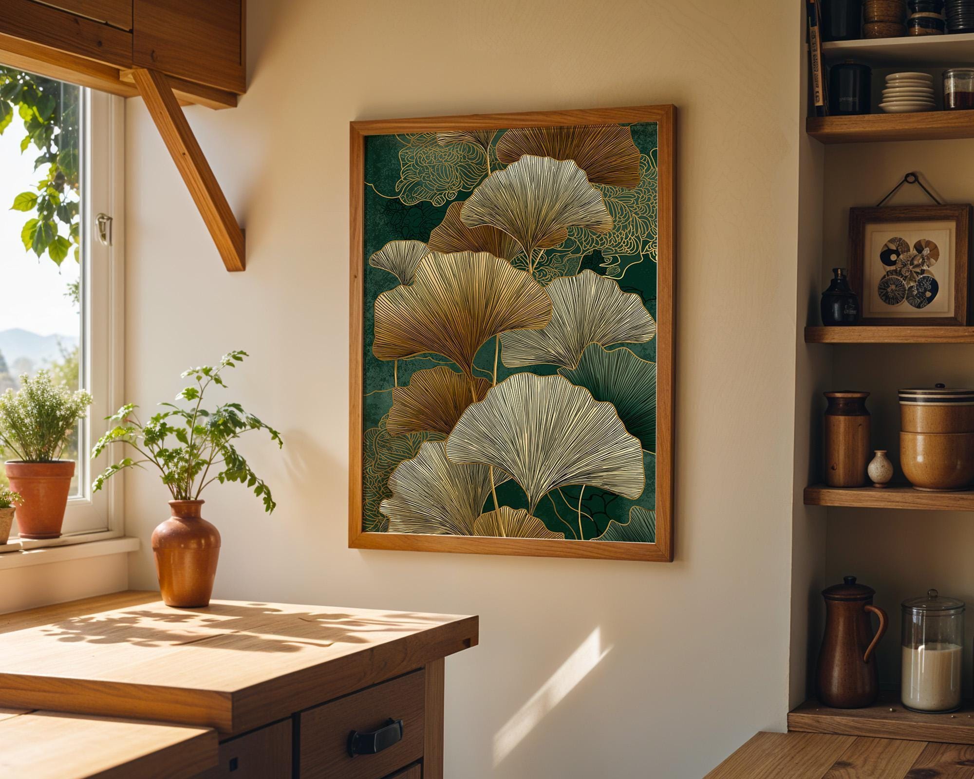 Ginkgo Leaf Wall Art, Art Deco Botanical Print, Gold Green Nature Illustration