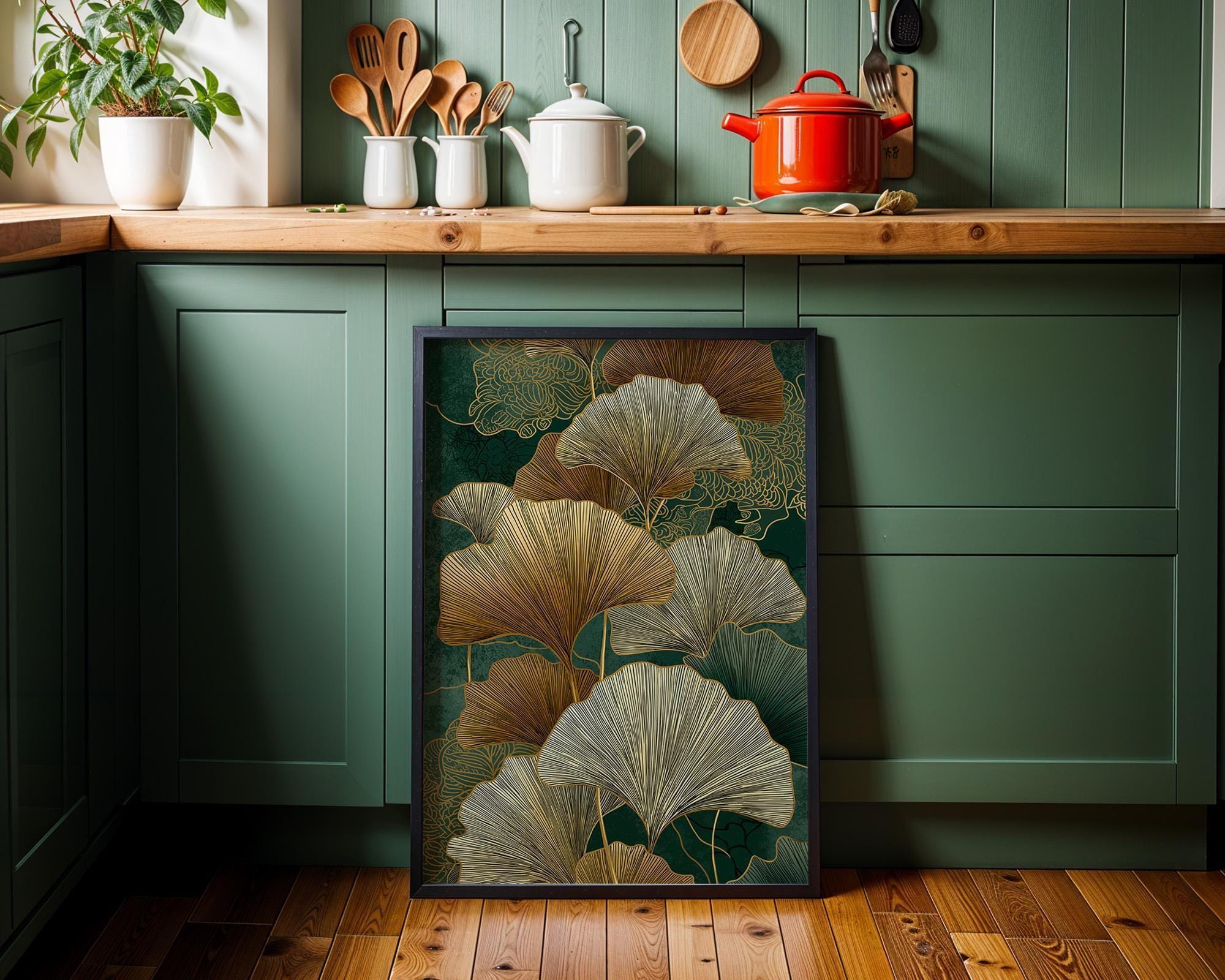 Ginkgo Leaf Wall Art, Art Deco Botanical Print, Gold Green Nature Illustration
