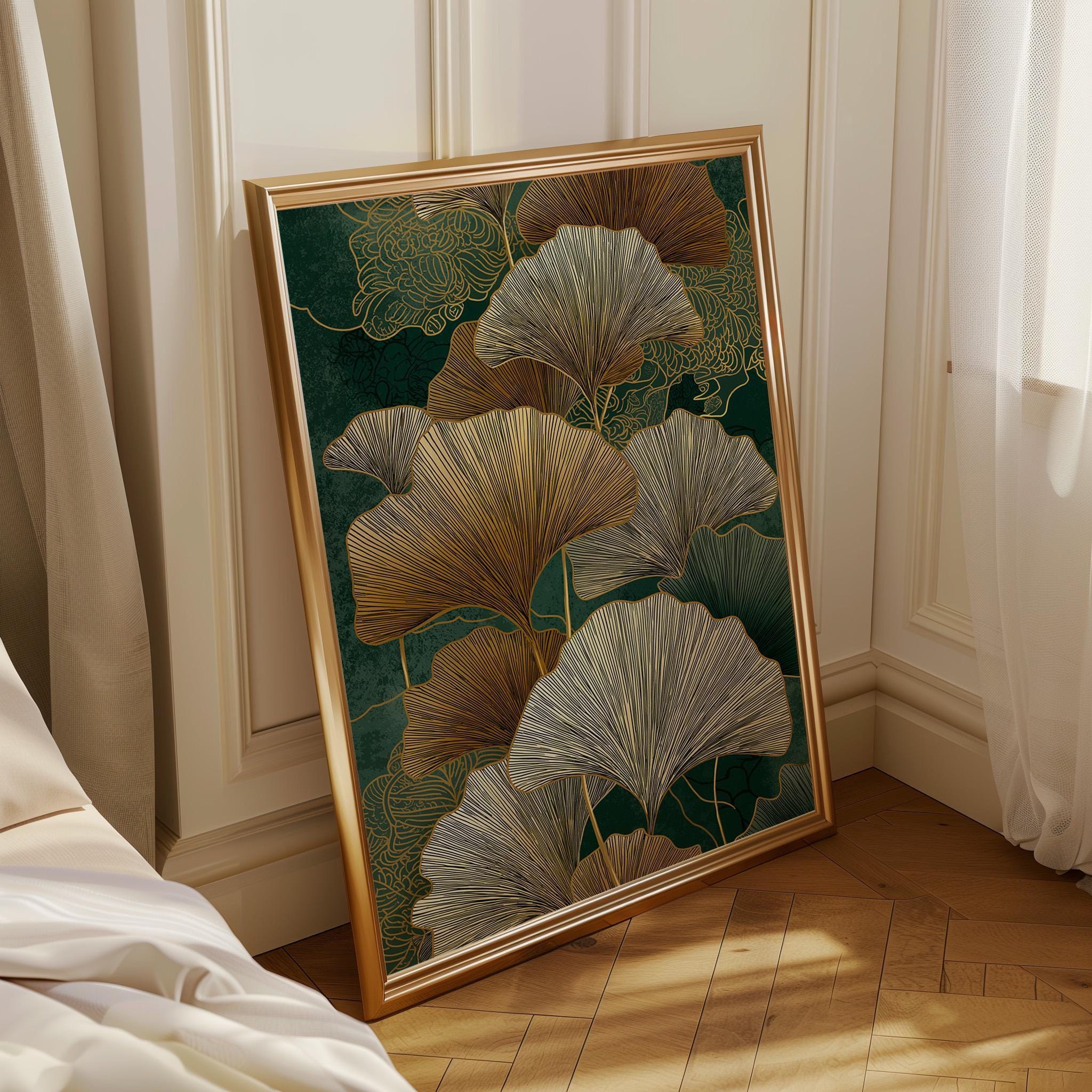 Ginkgo Leaf Wall Art, Art Deco Botanical Print, Gold Green Nature Illustration