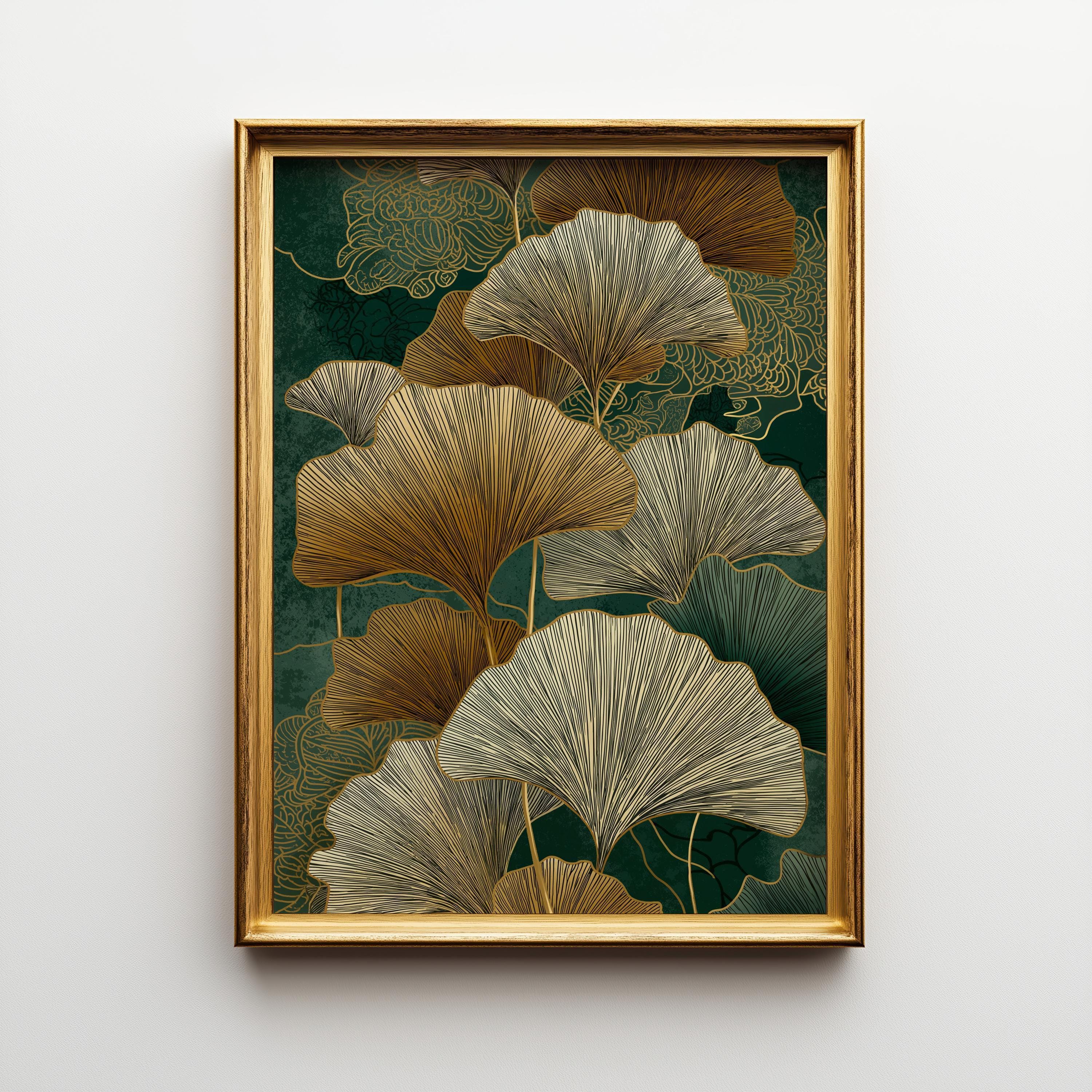 Ginkgo Leaf Wall Art, Art Deco Botanical Print, Gold Green Nature Illustration