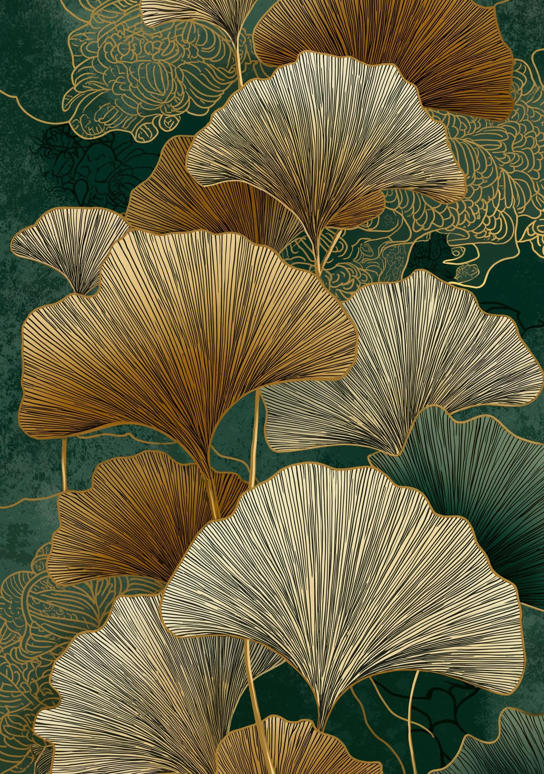 Ginkgo Leaf Wall Art, Art Deco Botanical Print, Gold Green Nature Illustration