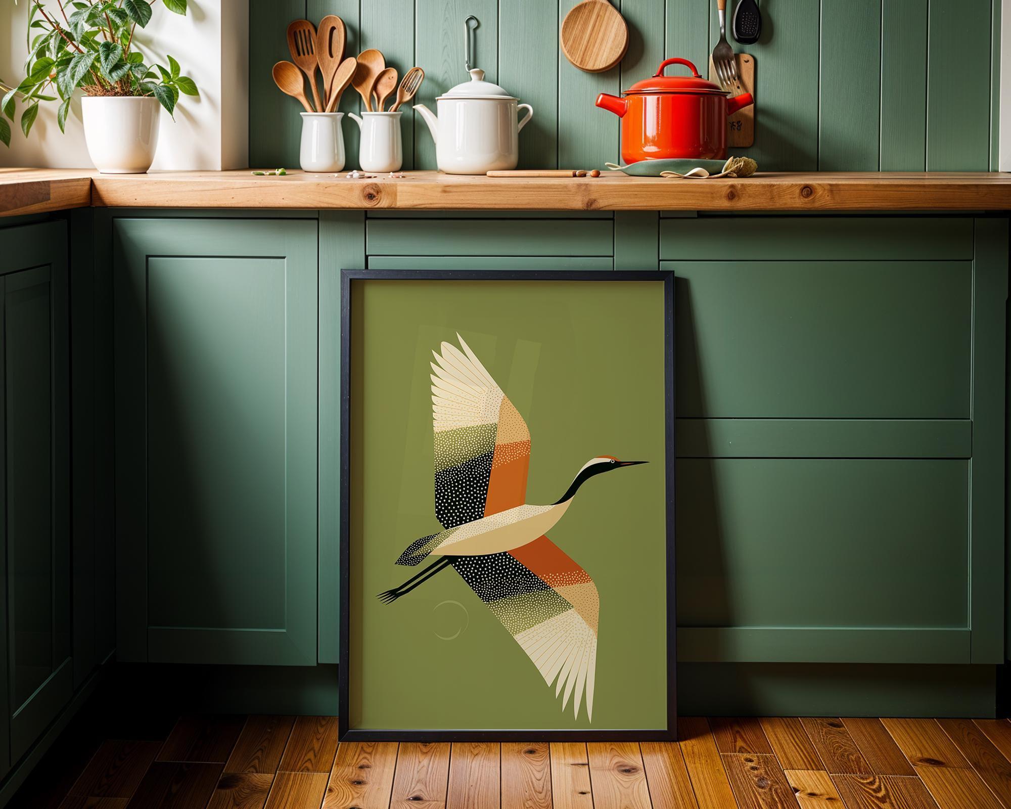 Mid Century Modern Crane Retro 1960s Wildlife Olive Green Wall Art by The Wall Art Studio