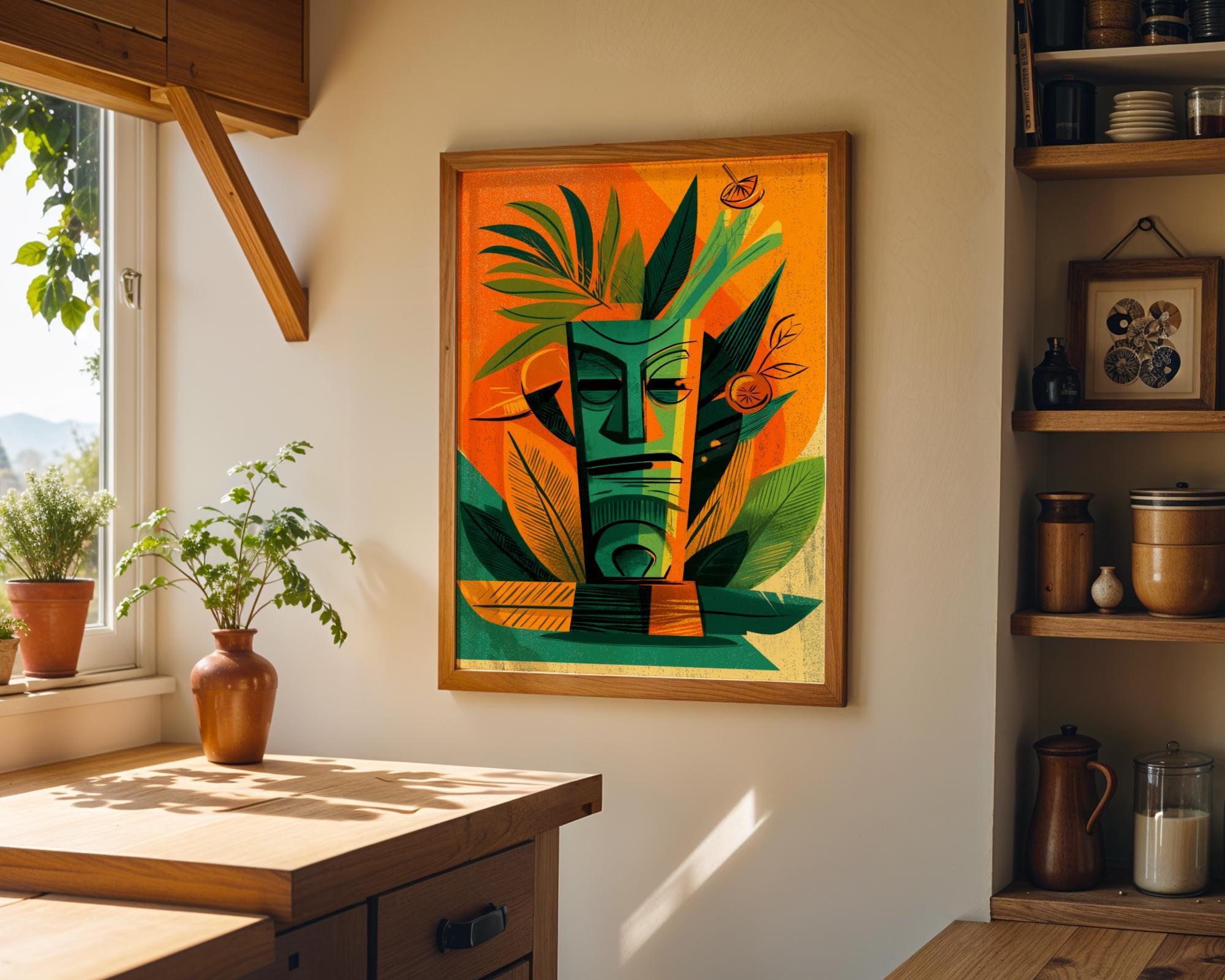 Tropical Tiki Bar Cocktail Retro Citrus Drink with Palm Leaves Wall Art